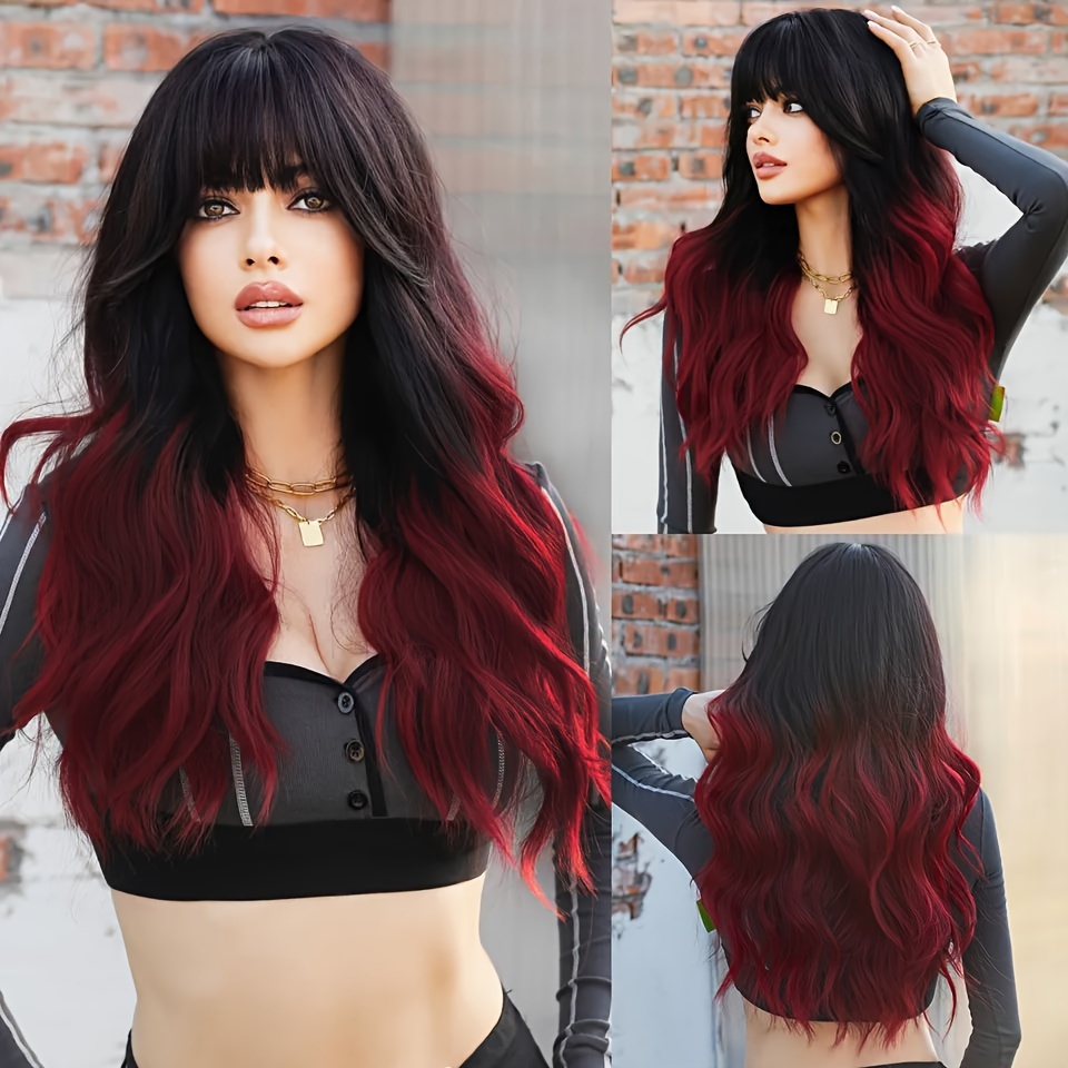 Synthetic Hair Long Straight Red Black Wig Side Bangs Heat - Temu