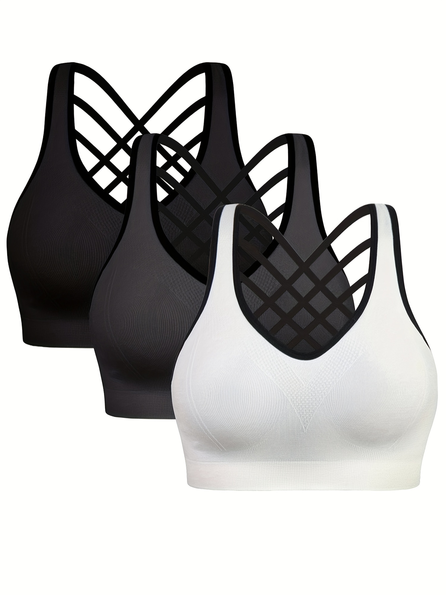 Womens Push-up Padded Strappy Sports Bra Cross Back Wirefree Fitness Yoga  Top Black-White Medium