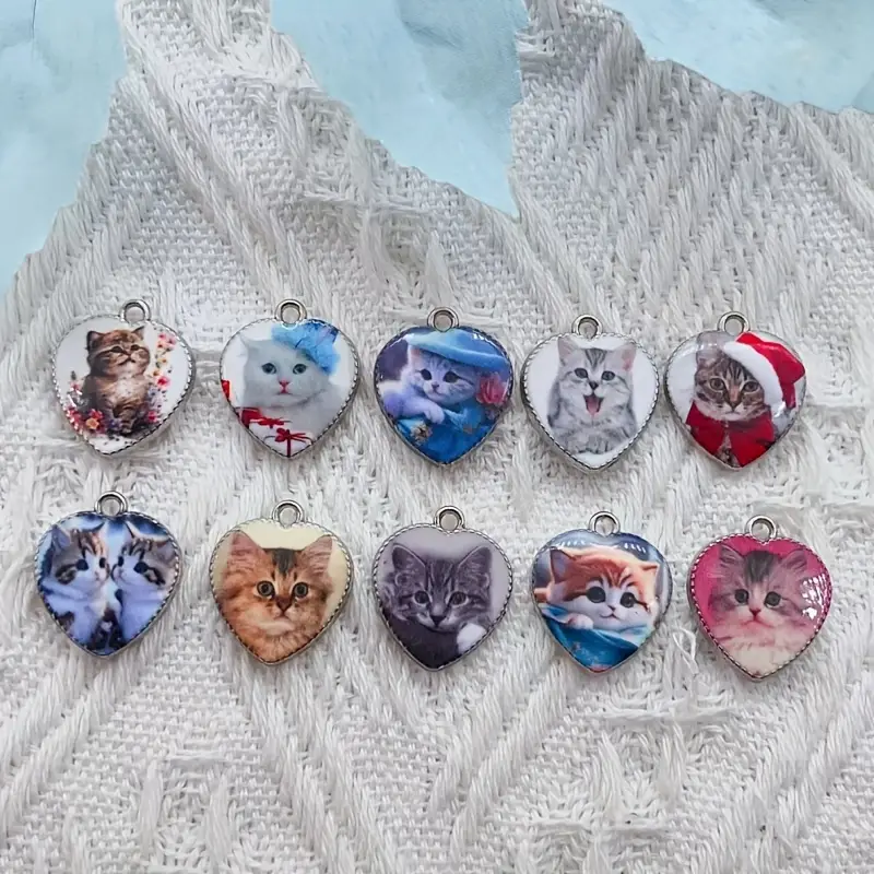Cute Mixed Colorful Cat Pattern Heart Shape Enamel Charms - Temu