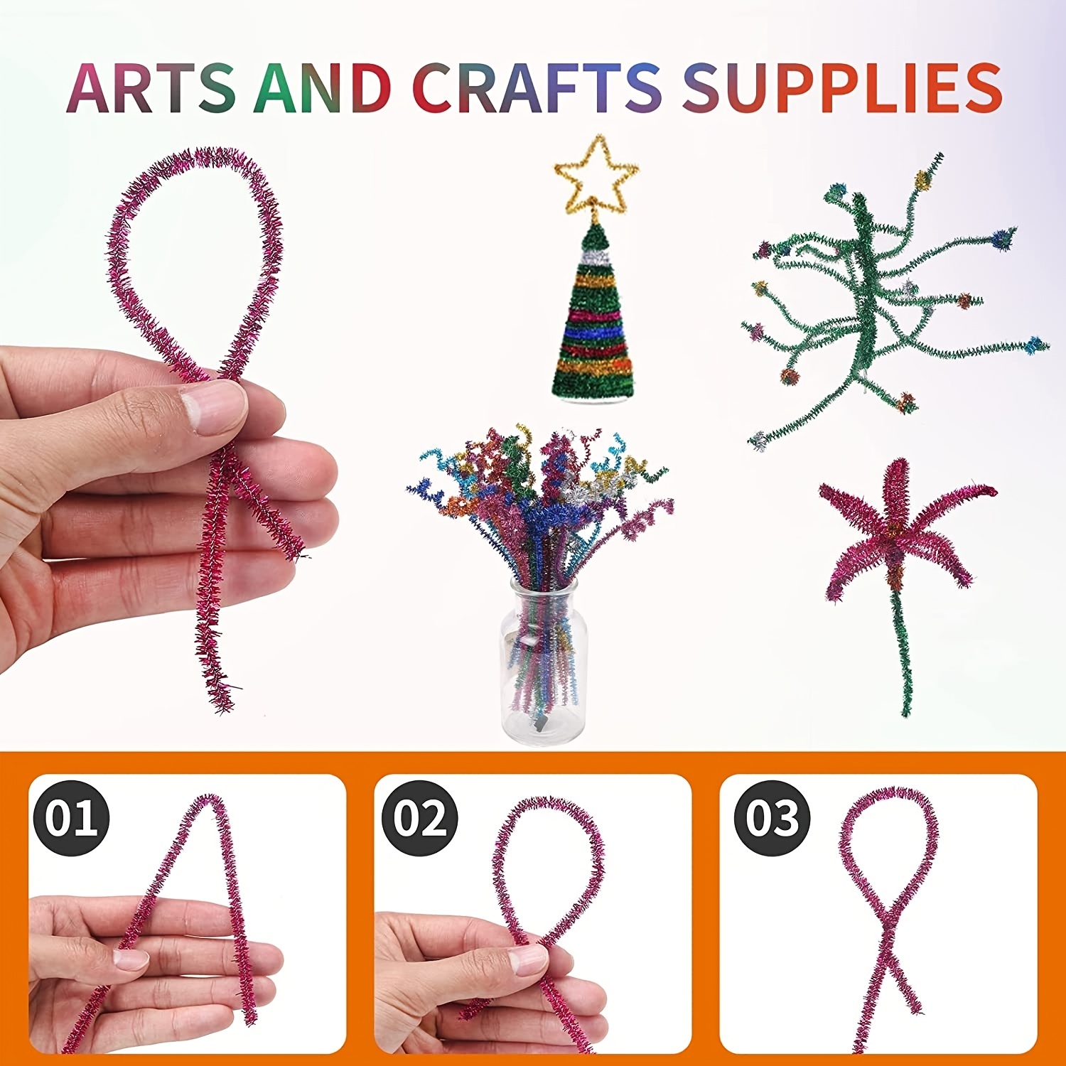 100Pcs Glitter Pipe Cleaners,Chenille Stems Metallic Sparkle Craft Pipe  Cleaner for DIY Art and Crafts Creative Projects