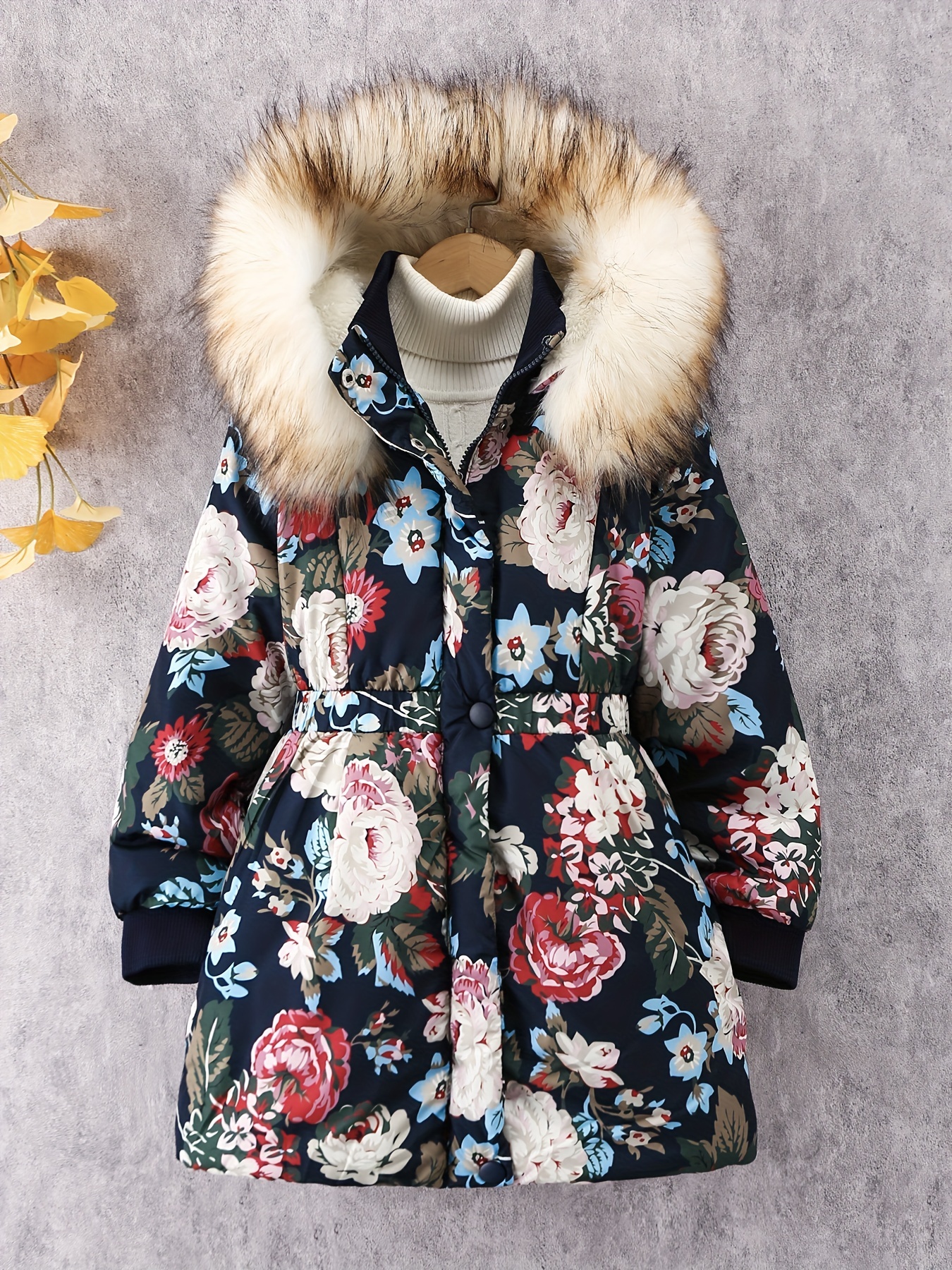Girls Fleece Hooded Snow Suit Floral Graphic Winter Fall Clothes Warm  Jacket Kids Thick Windproof Hoodie Coat