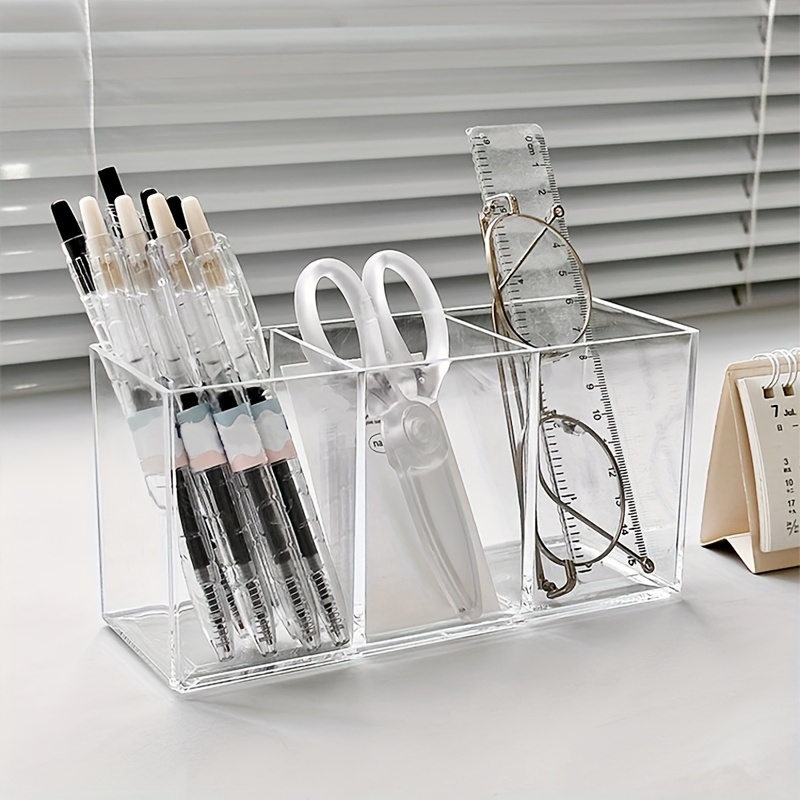 

Transparent Pen Holder With 3 Compartments, Clear Makeup Brush Organizer, Cosmetic Brushes Storage Holder With 4 Slots, Ideal For Office, Bedroom, Bathroom Storage, And Accessories For Vanity