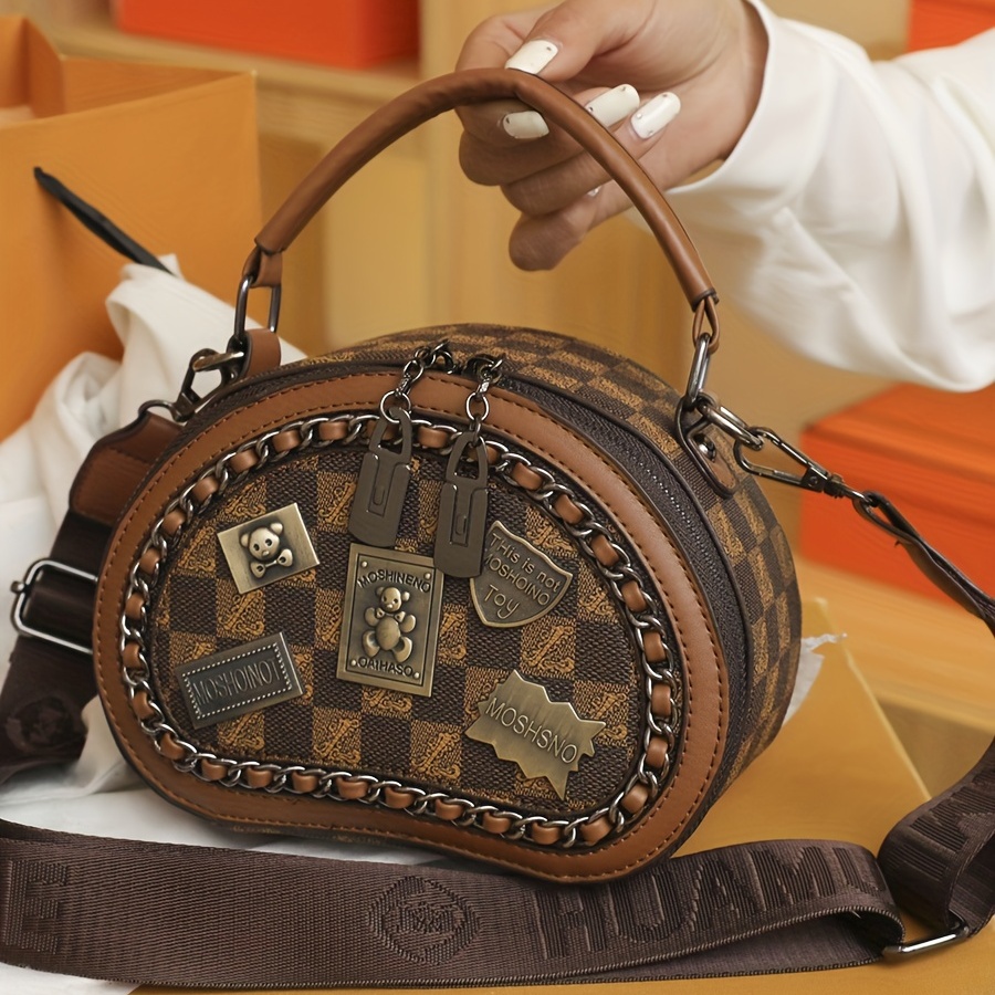Vintage Round Handbags, Badge Decor Crossbody Bag, Small Chain Decor Purses  For Women - Temu