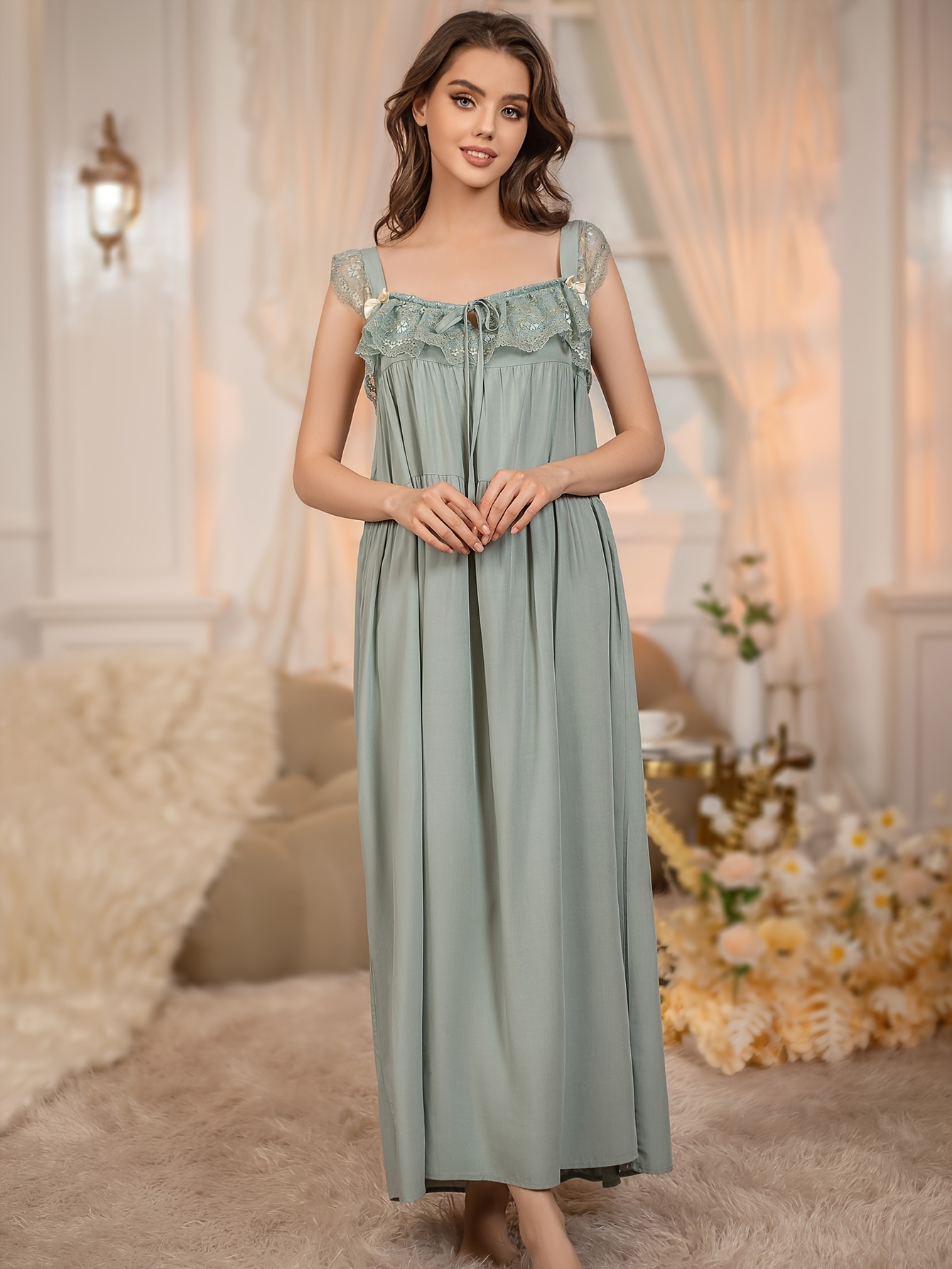 Contrast Lace Nightdress Elegant V Neck Long Sleeve Princess - Temu