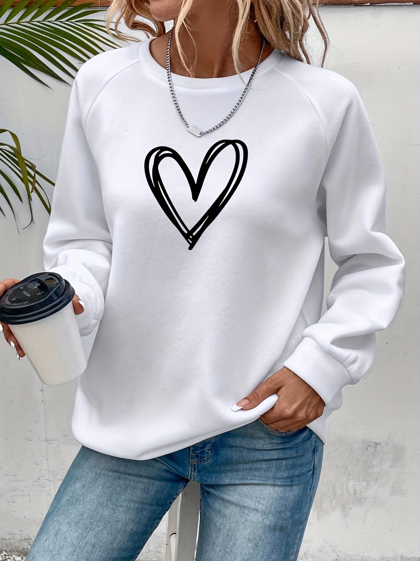 Heart Print Pullover Sweatshirt Casual Long Sleeve Crew Neck - Temu