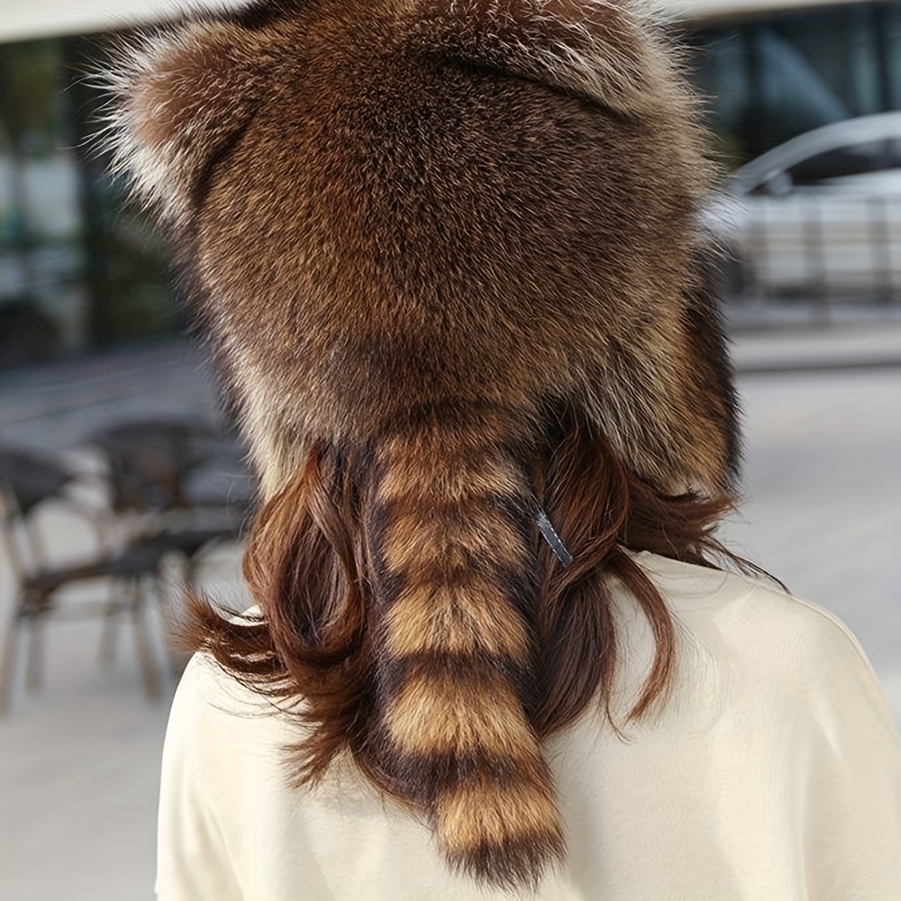 Brown Faux Fur Raccoon Bomber Hat Classic Animal Style Ear Flap Hats With Tail Trendy Pompom Pendant Fluffy Trapper Hat For Women Girls Autumn & Winter - Click Image to Close