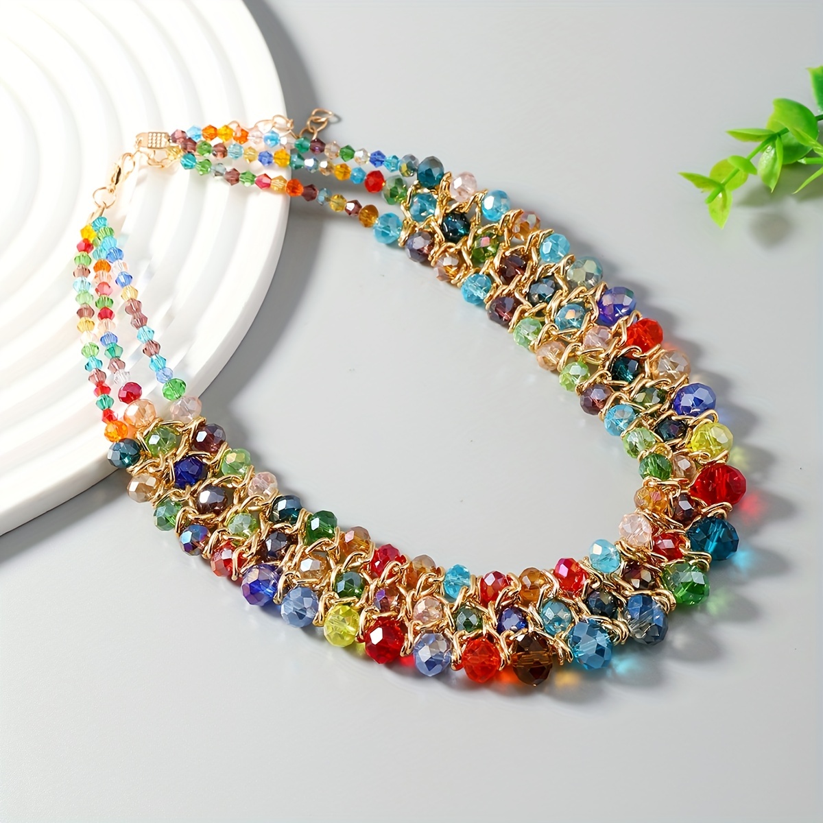 Multicolor Triple Row Crystal Beaded Necklace, Summer Beach Decor