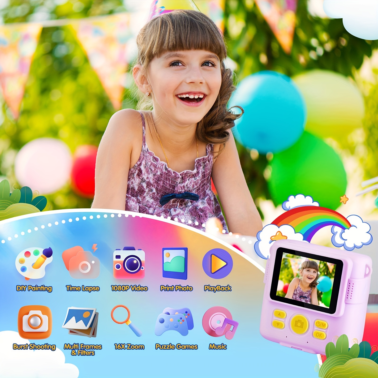  Cámara de impresión instantánea para niños, cámara infantil  fácil de usar con papel de impresión, cámara digital de video selfie con  pantalla a color HD 1080P de 2.4 pulgadas, cámara de