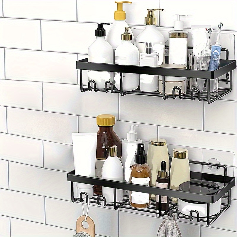 Shower Supplies Storage Rack With Hooks Self adhesive Black - Temu