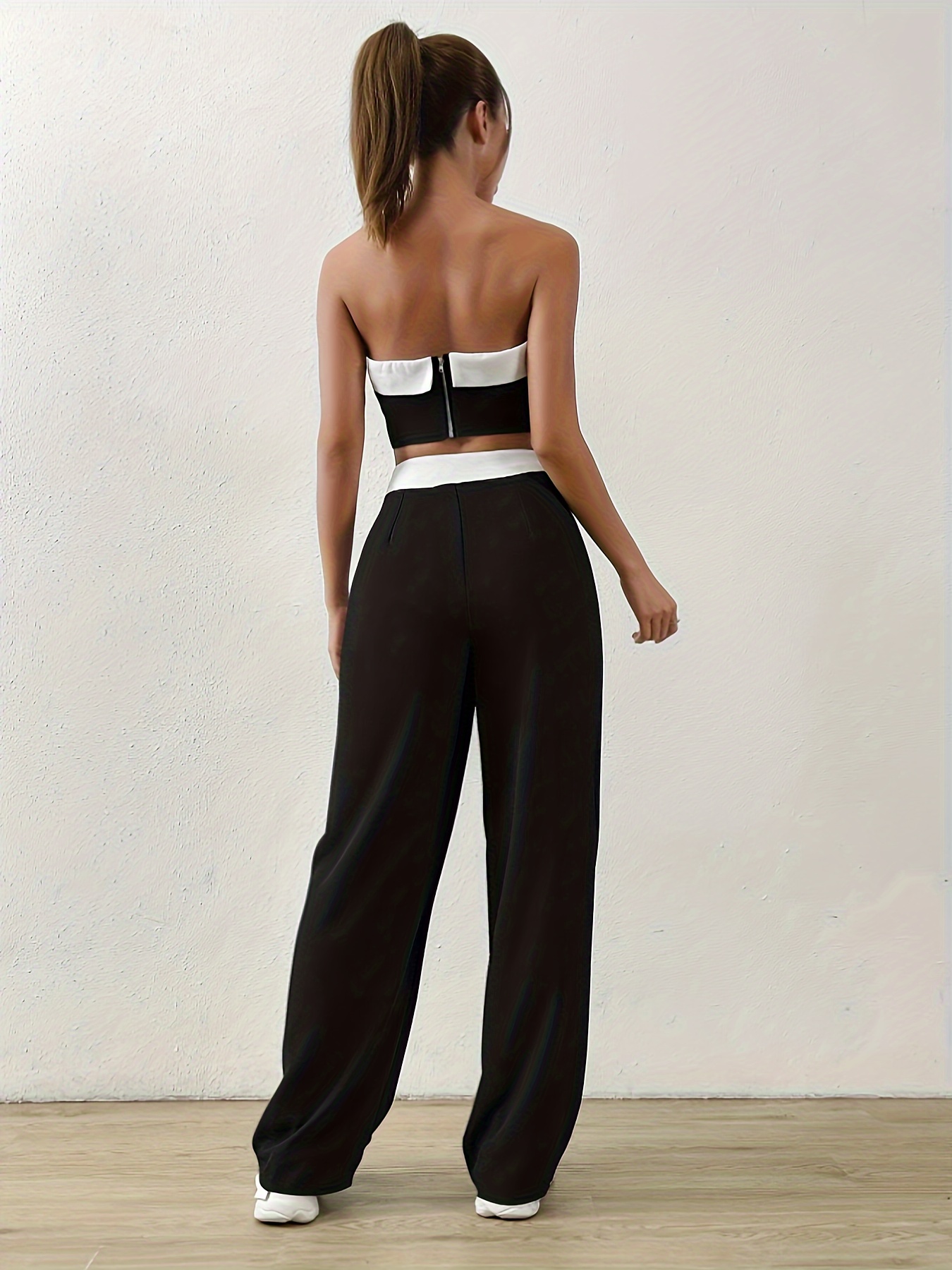 Women Summer Slash Shoulder Sleeveless Top + Solid Color Wide Leg Pants  Two-Piece Set