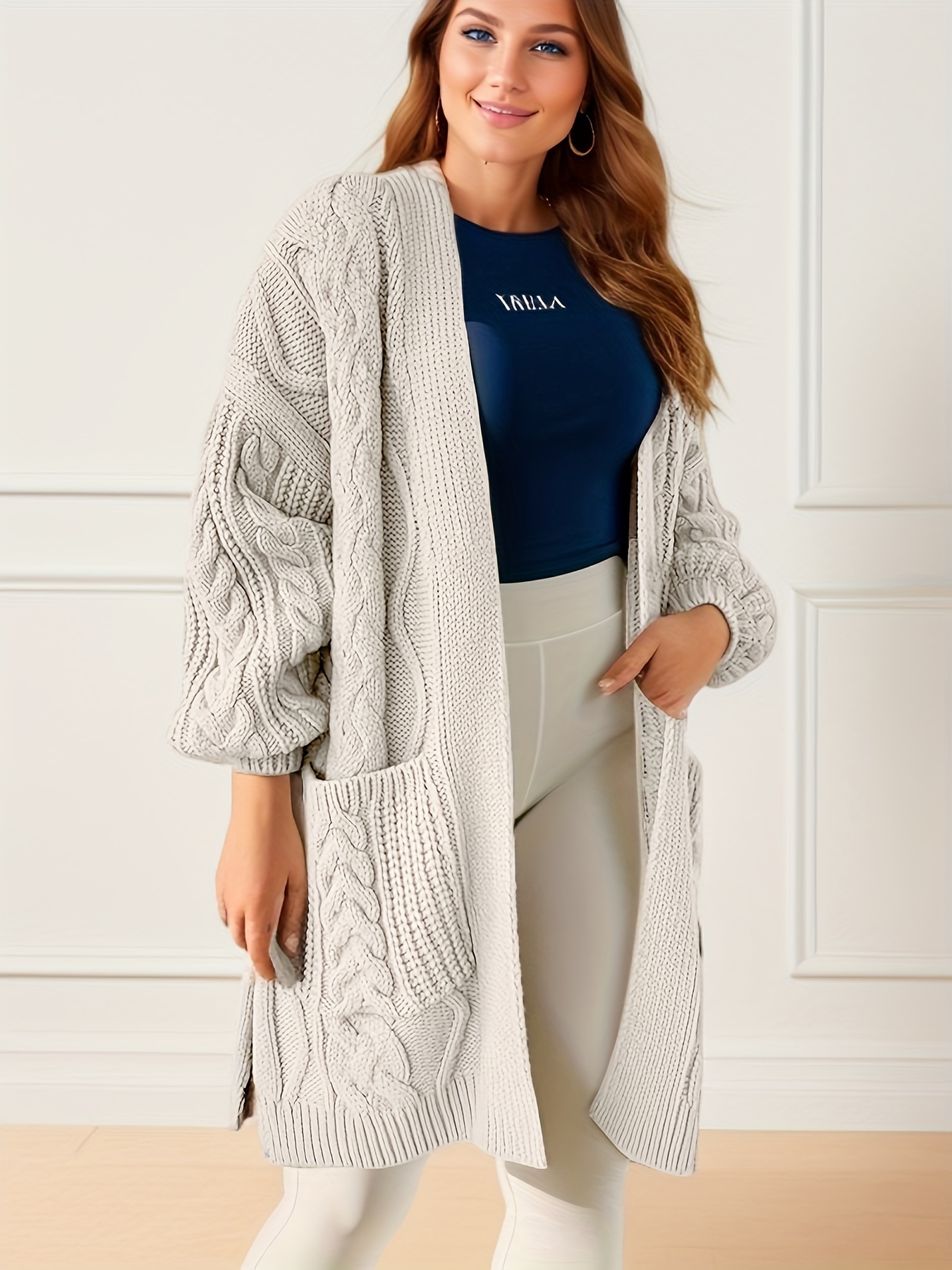 Solid Cable Knit Long Sleeve Open Front Cardigan
