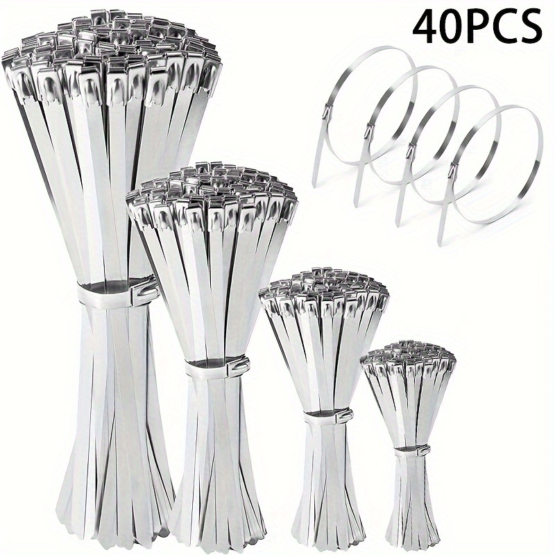 

40pcs 300 Lb. Tensile Strength, 304 Stainless Steel Metal Cable Ties, Heavy-duty Self-locking Cable Ties For Machinery, Vehicles, Exhaust Packaging, , Pipes, Roofing, Cables And Outdoor Fences