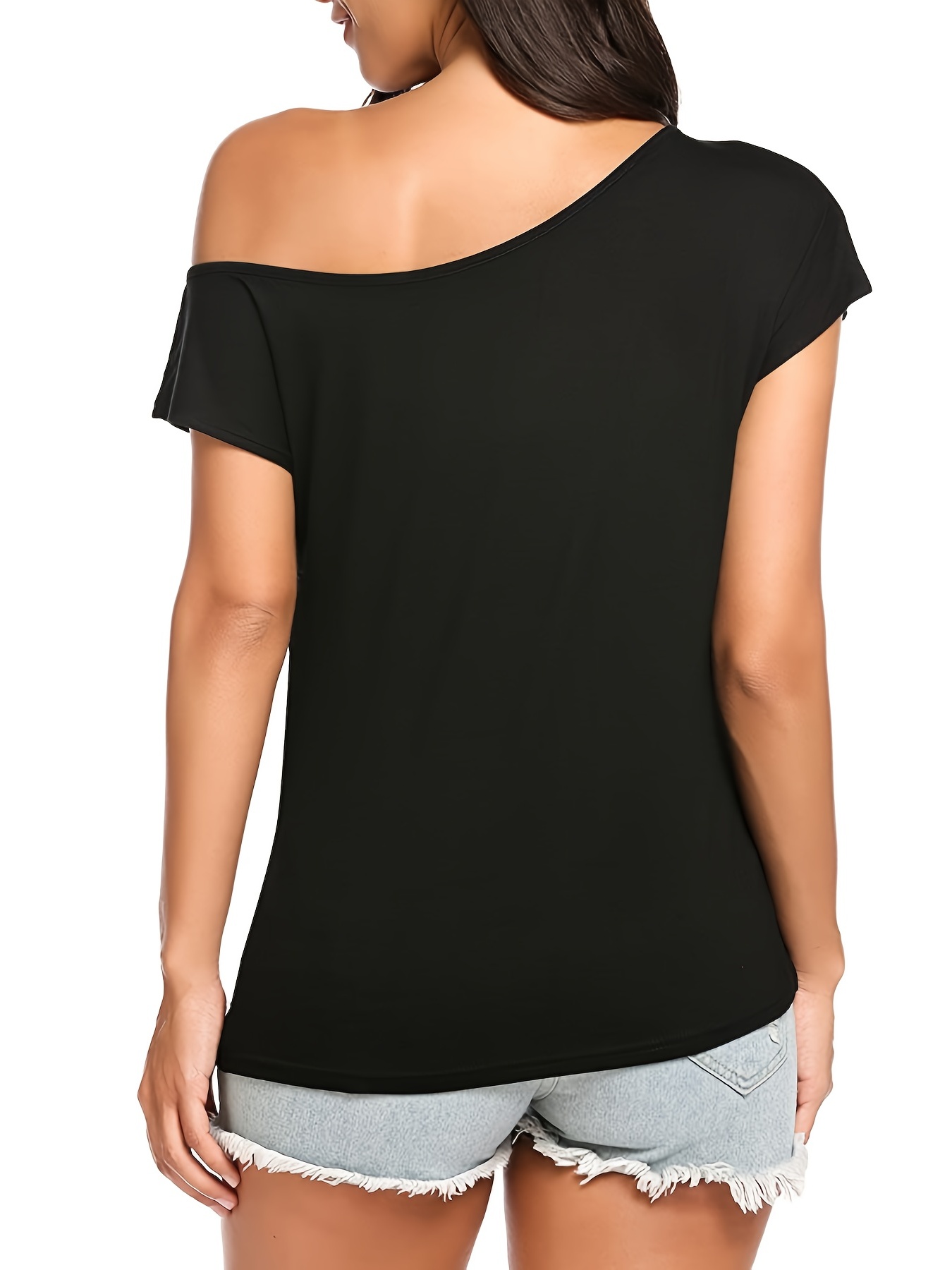 Letter Print Shoulder T shirt Sexy Asymmetrical Neck Short - Temu