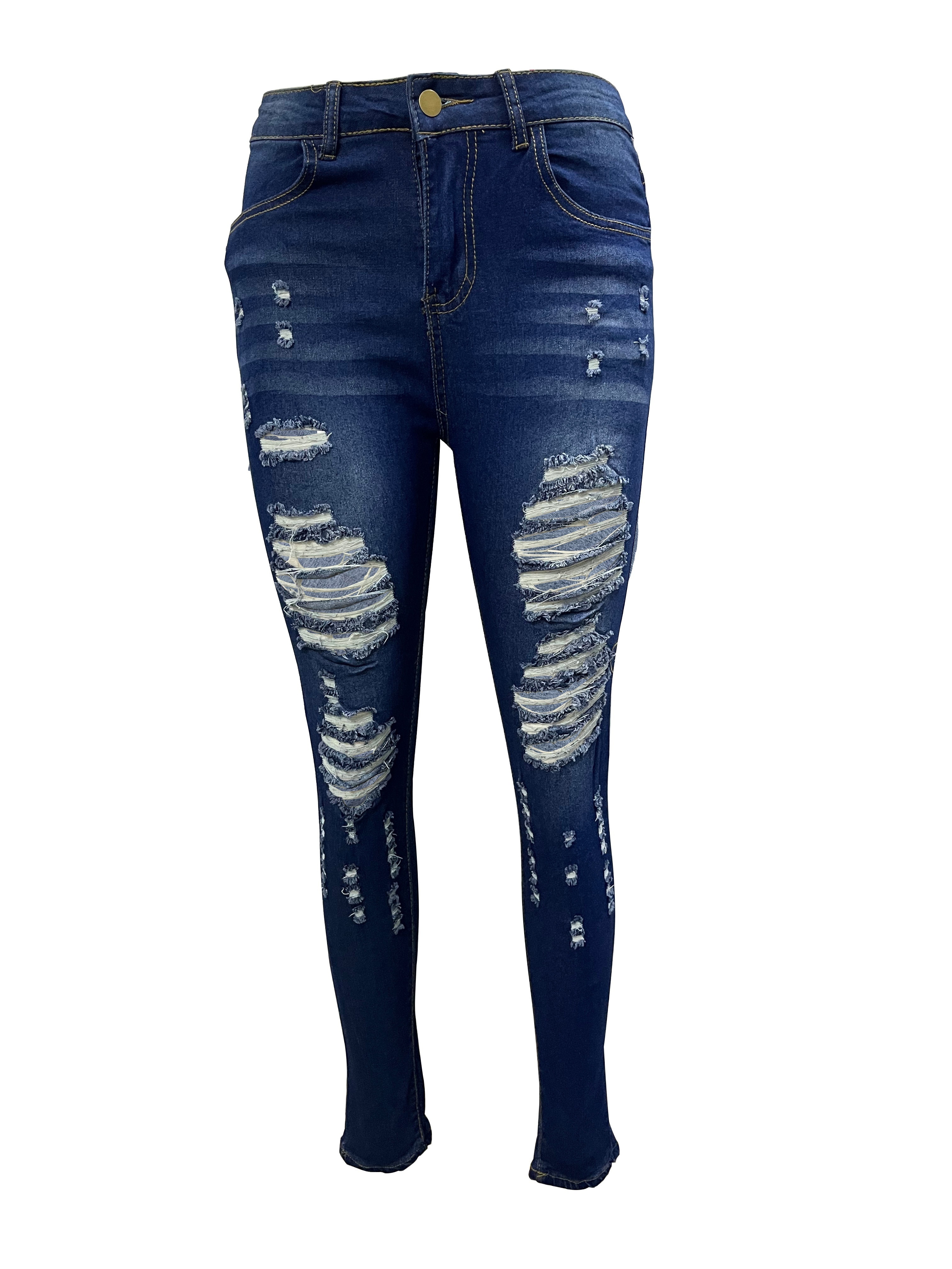 Navy Blue Ripped Holes Leg Jeans, Distressed Skinny Denim Pants, Women's & Denim Temu