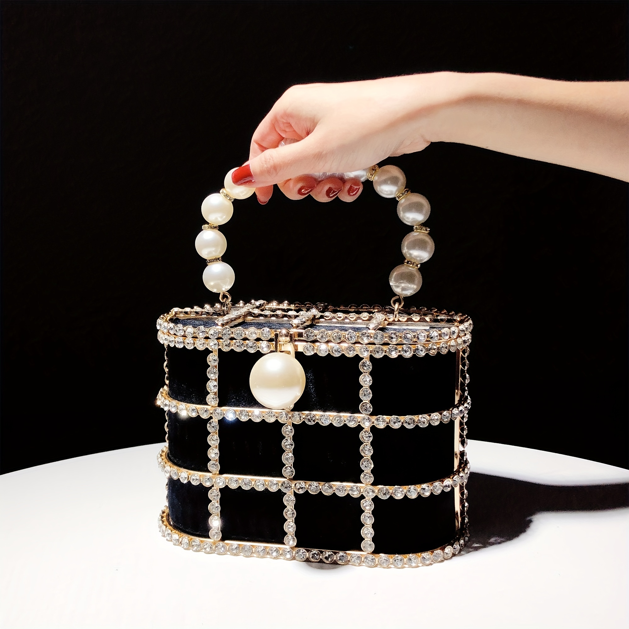 Argyle Princess Faux Pearl & Rhinestone Pearl Chain & Decor Mini Quilted  Pattern Metal Decor Box Bag For Party, Wedding, Prom and Dinner, Lipsticks
