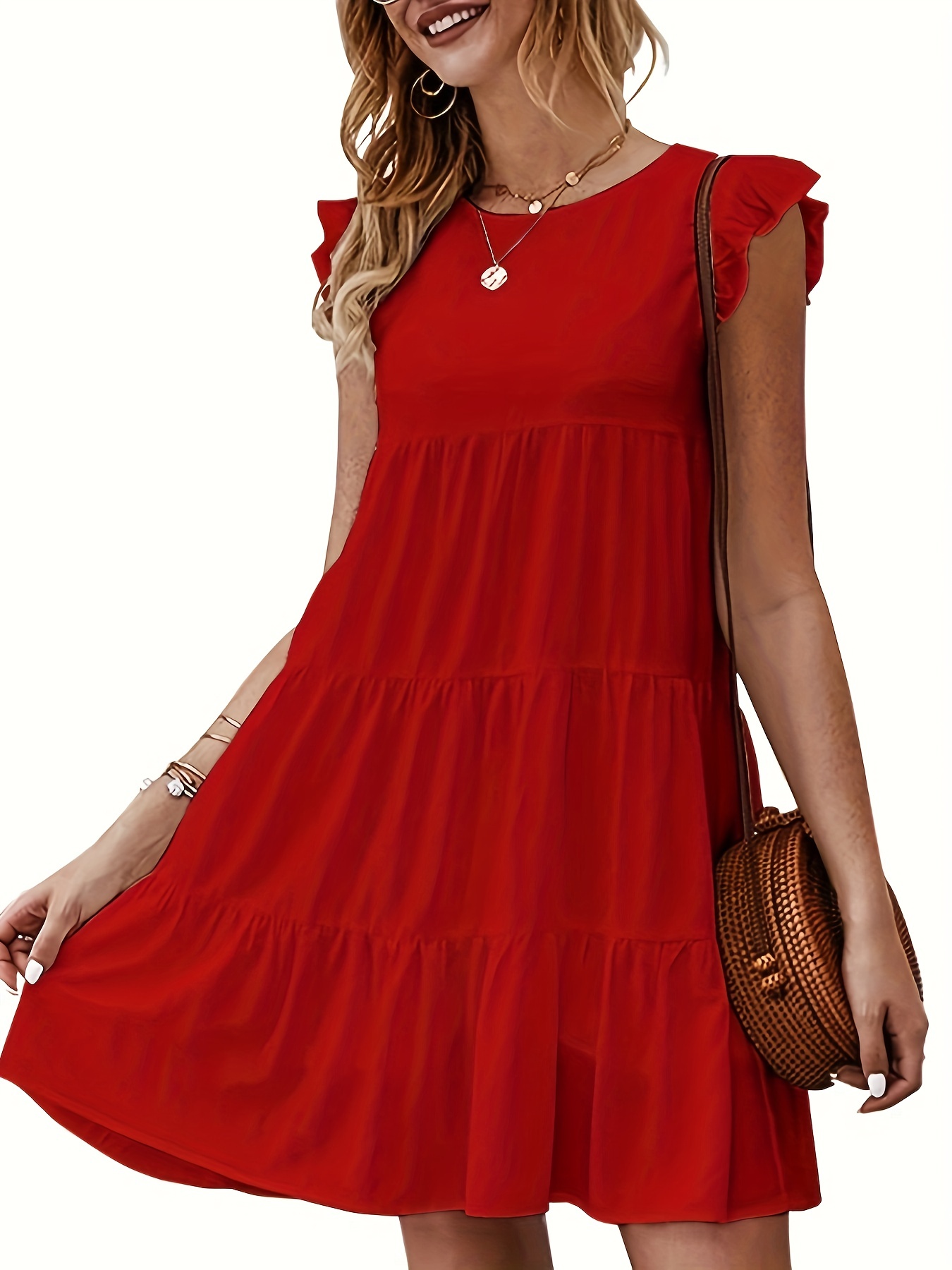 Women's Dresses Red Solid Ruffle Trim Dresses