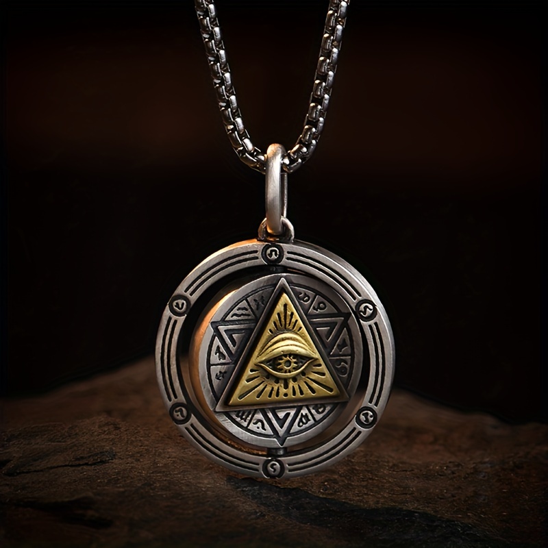 

1pc Classic Vintage Metal Triangle Eyes Rotatable Round Pendant Necklace, Men Fashion Vintage Silvery Star Jewelry