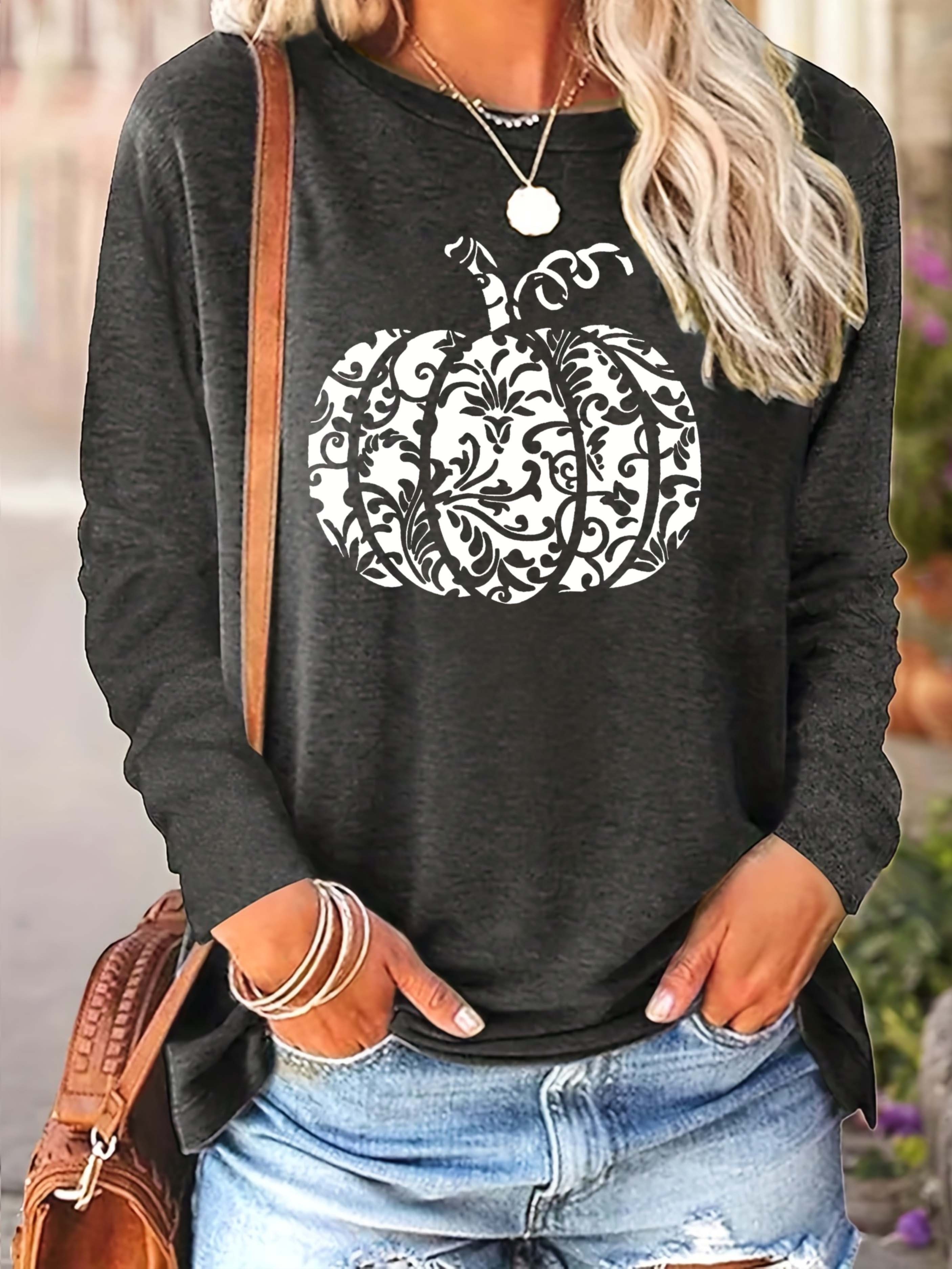 Halloween Pumpkin Print Tee, Casual Long Sleeve Crew Neck T-shirt, Women's Clothing