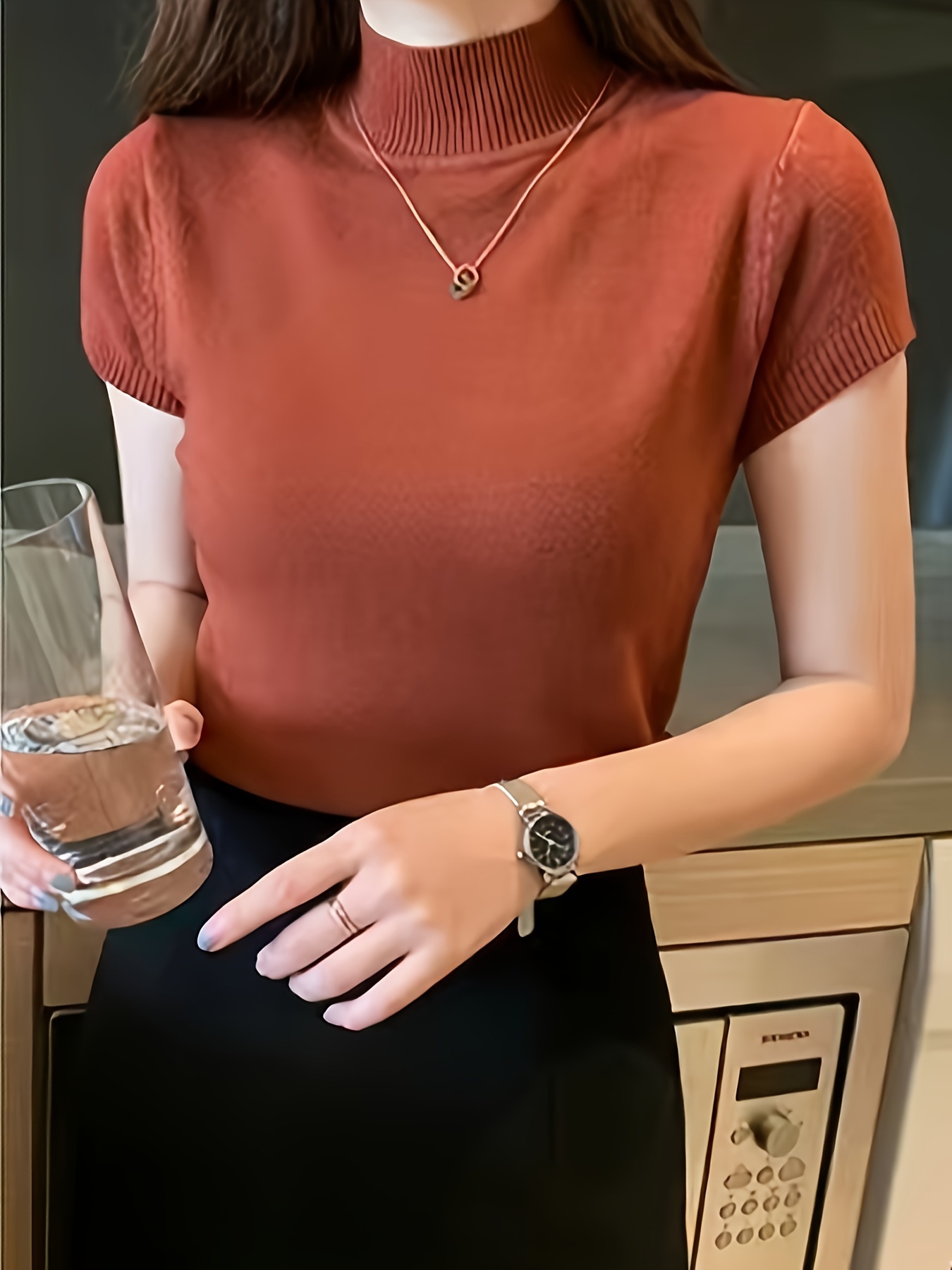 New Style Knitted Versatile Design Half-High Collar Short Sleeve Thin Pullover