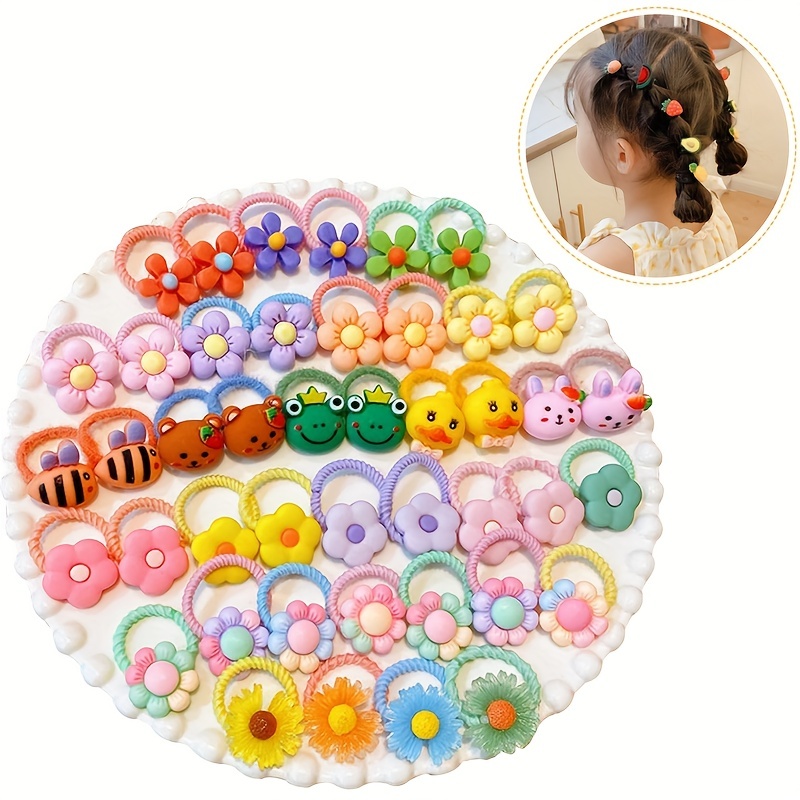 

25/50pcs Elastic Hair Band, Small Cartoon Animals Flowers Decor Hair Rope, Cute Decorative Hair Accessories For Girls