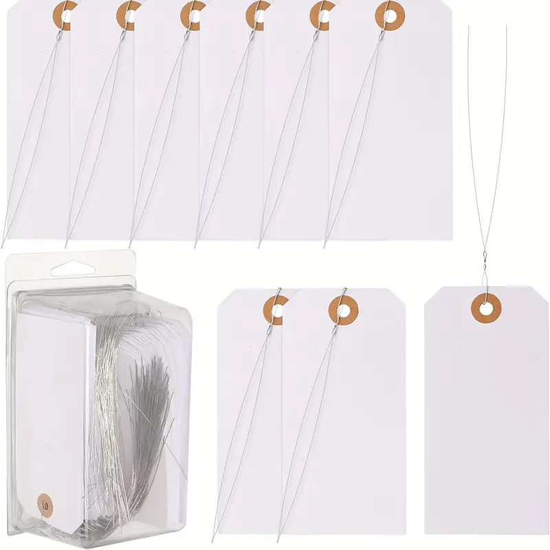 White Shipping Tags with String - 4 3/4 x 2 3/8 - Box of 100 Hang Tags  with String Attached and Reinforced Hole, Paper Blank Tags, Large Tags with