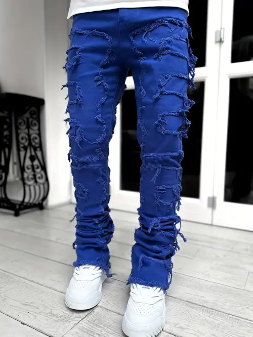 Men's High Waisted Patchwork Straight Jeans Fashion Y2K Style Block Color  Distressed Pencil Denim Pants