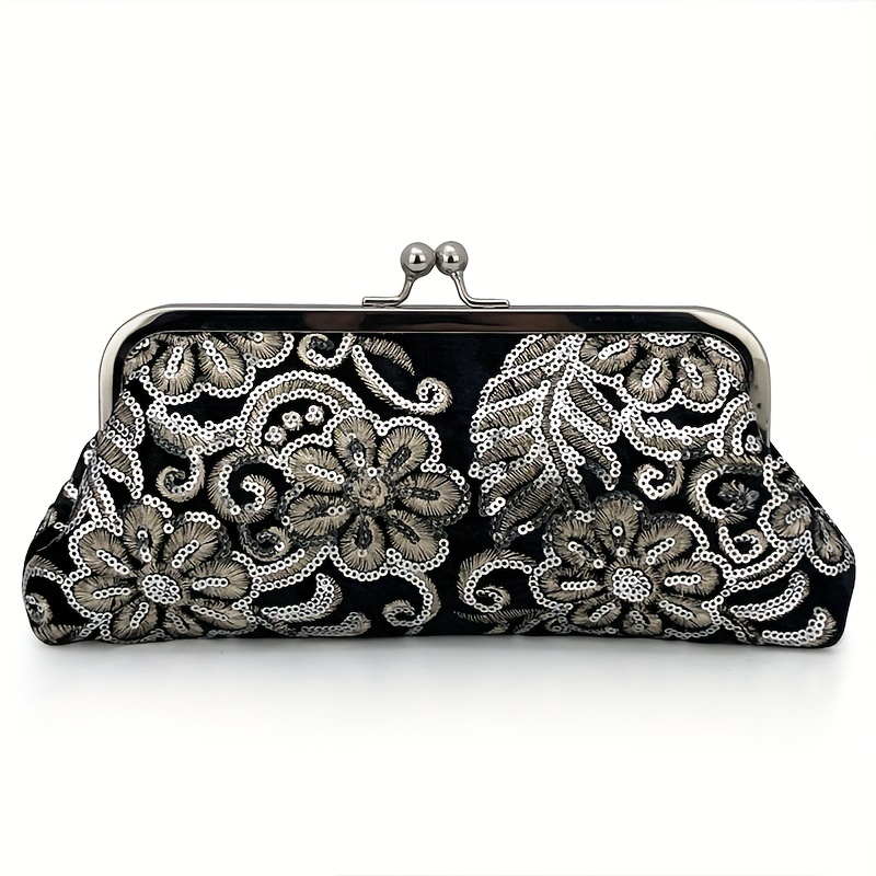 Sequins Flower Evening Bag, Vintage Black Velvet Clutch Purse, Women's Kiss  Lock Handbags For Party Prom Wedding - Temu