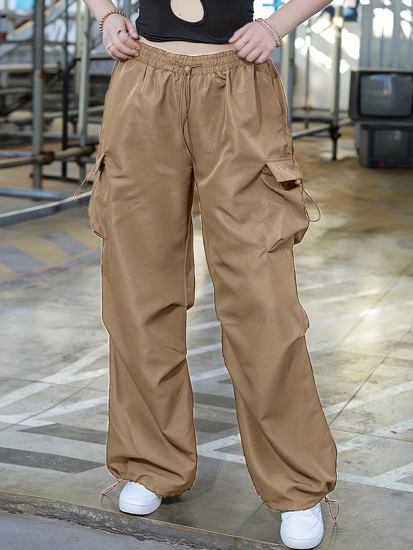 Plus Size Casual Pants Women's Plus Solid Elastic Drawstring - Temu