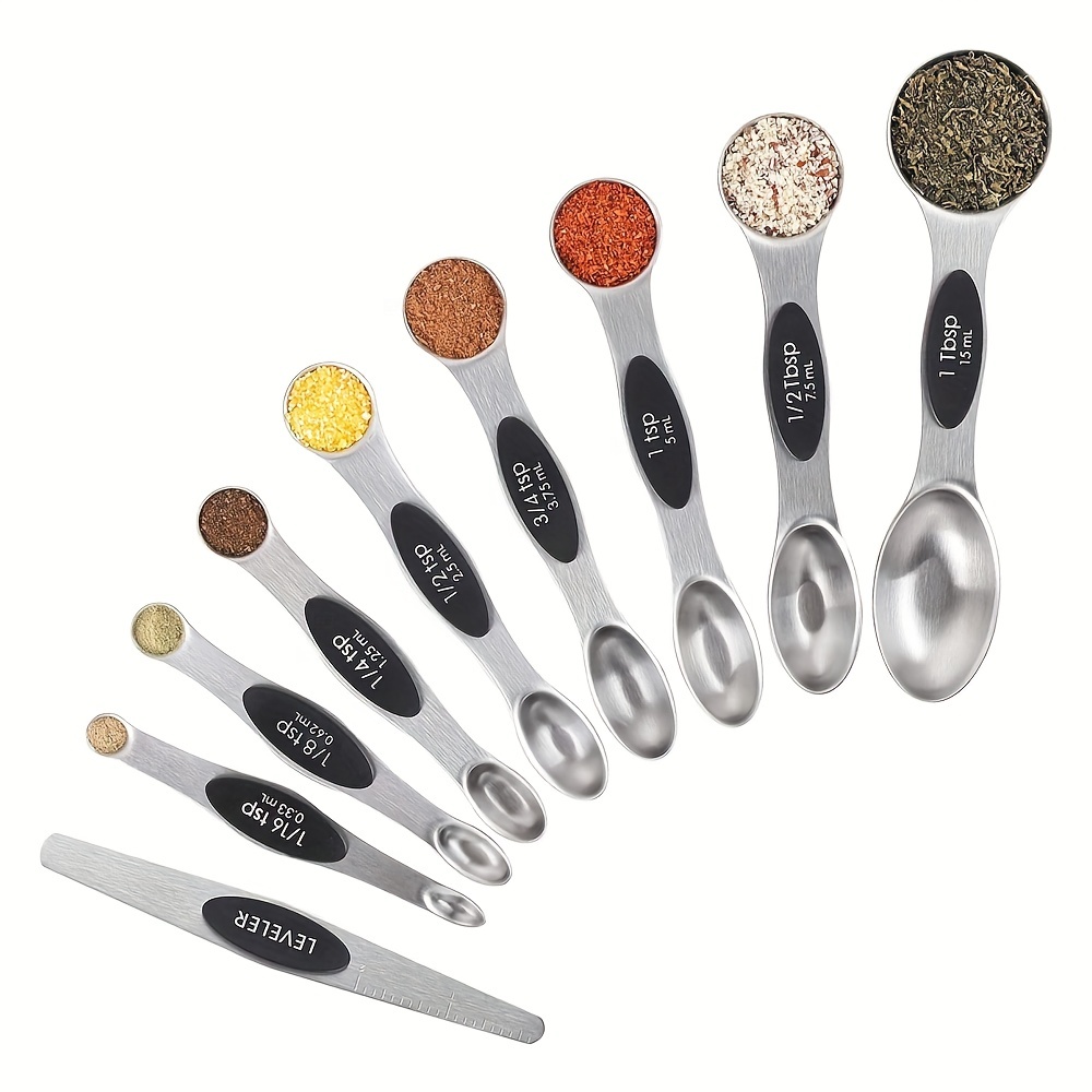 Magnetic Measuring Spoons Set of 9 Stainless Steel Dual Sided Stackable Measuring  Spoon Nesting Teaspoons Dry and Liquid Ingredients RED 