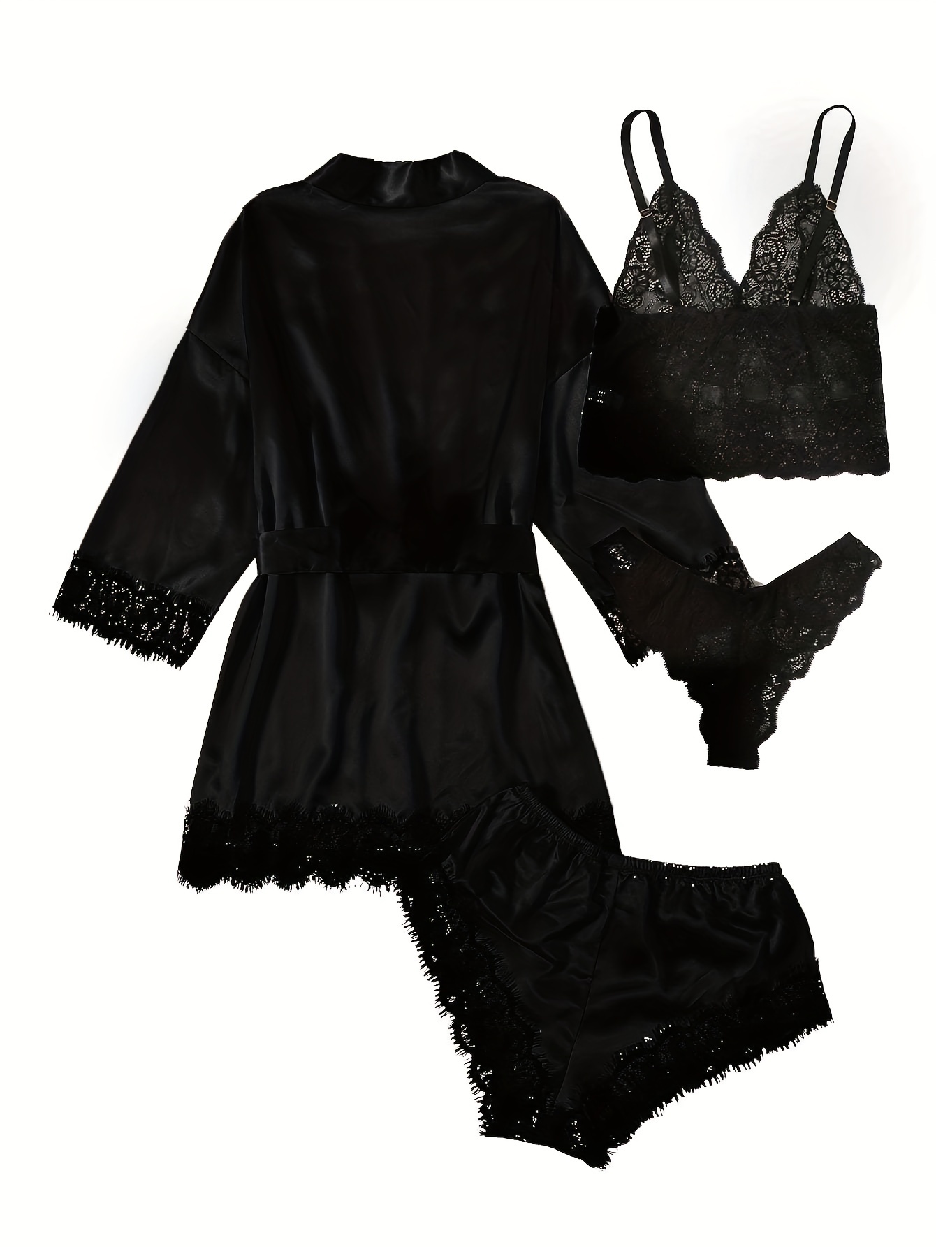 Contrast Lace Lounge Set, Long Sleeve Robe & V Neck Cami Top & Panties &  Shorts, Women's Loungewear & Sleepwear