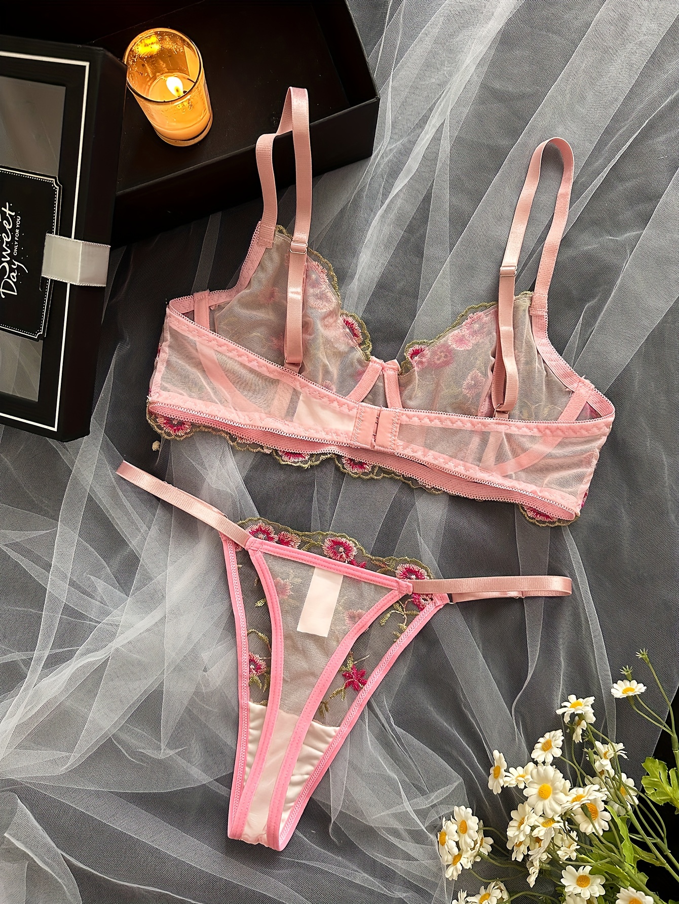 Floral Embroidery Lingerie Set Mesh Unlined Bra Sheer Thong - Temu