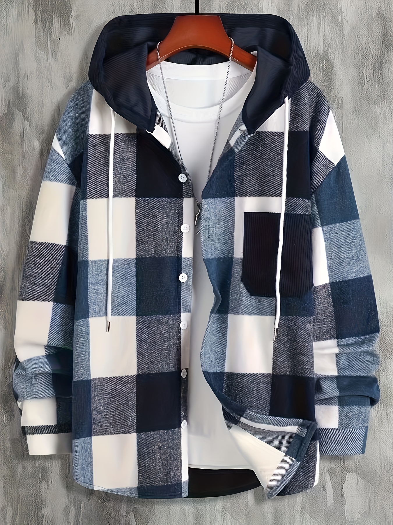Men's Plaid Hooded Long Sleeve Shirt, Trendy Loose Comfy Shirt Jacket For  Spring Autumn