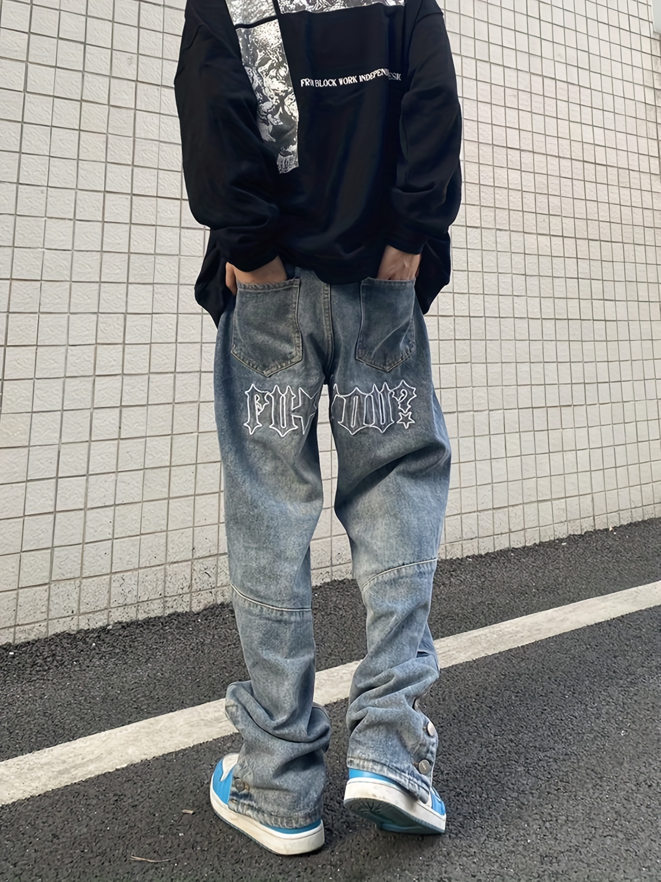Letter Print Baggy Jeans Men's Casual Street Style Loose Fit
