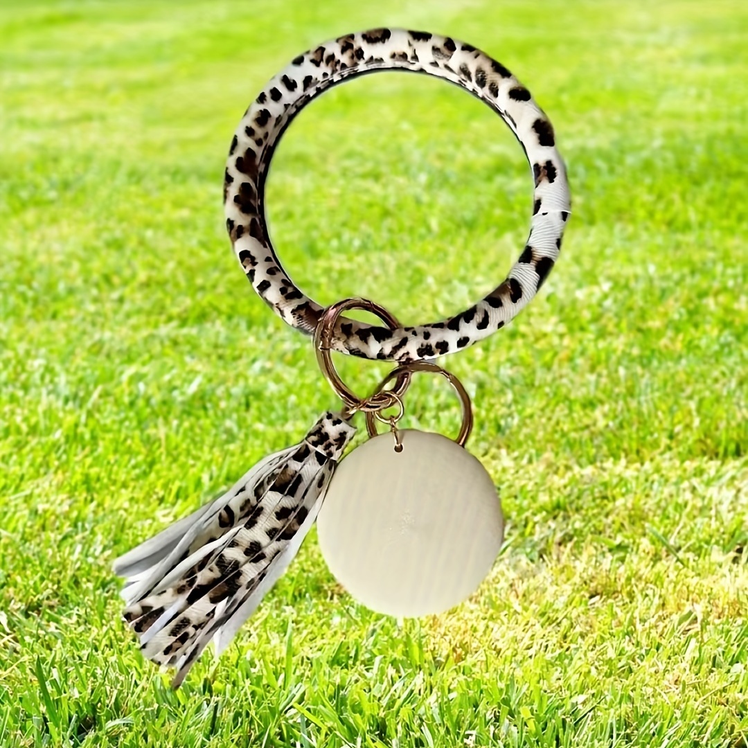 Pu Leather Bracelet Keychain Wood Circle Decor Key Ring Purse Bag Backpack  Car Earphone Accessory Women Children's Day Gift - Temu