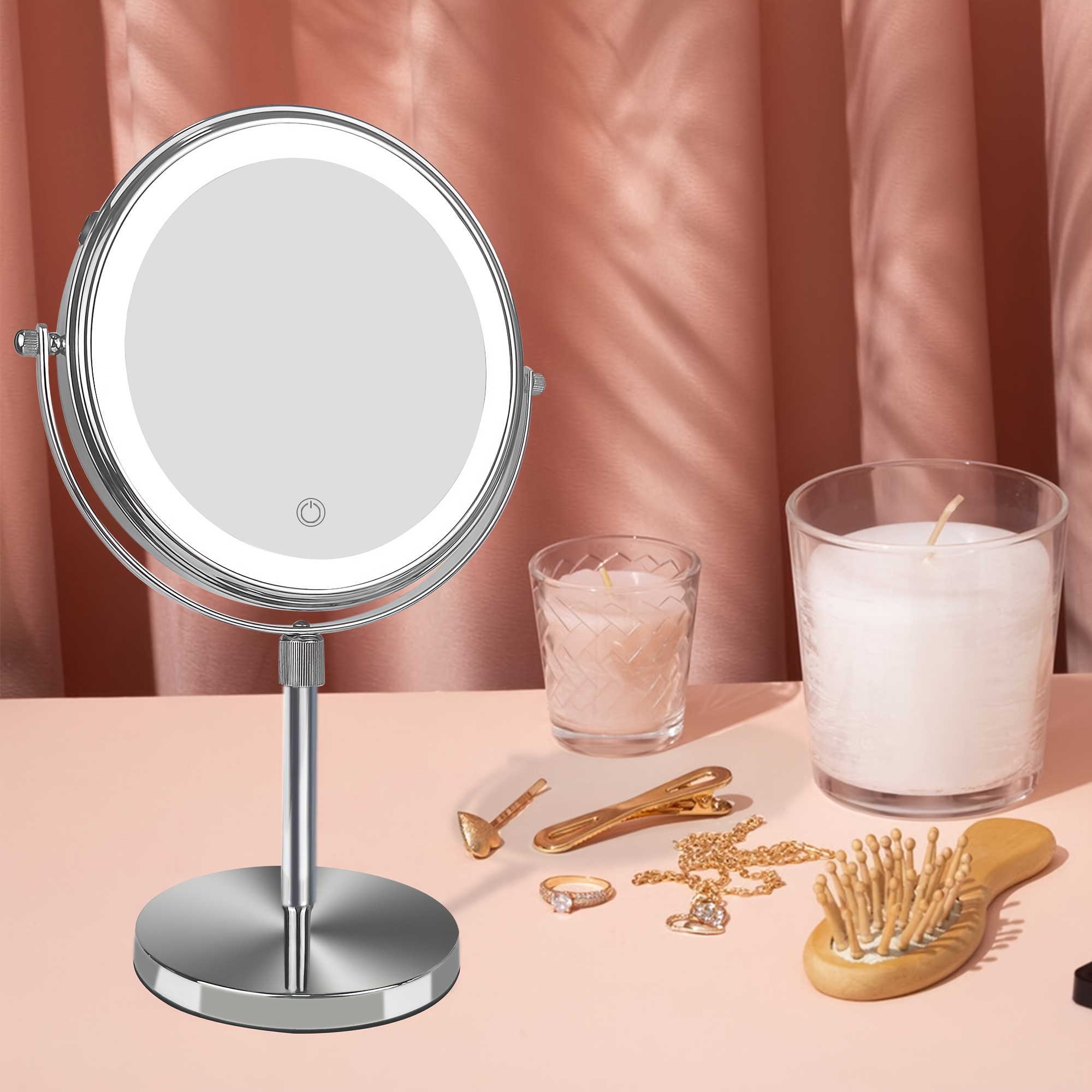 Espejo de maquillaje iluminado de 8 pulgadas con aumento, espejo de aumento  1X/10X con luz, recargable inalámbrico de doble cara de 360°, espejo de