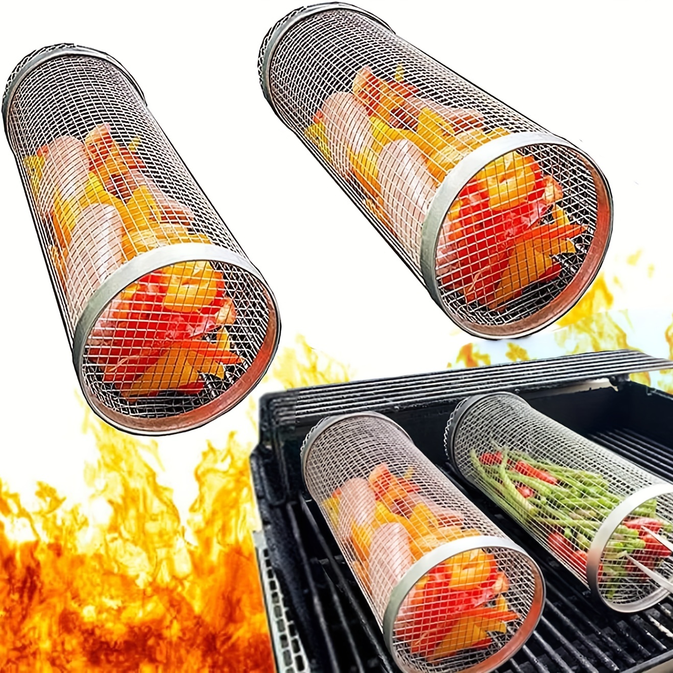 Rolling Grill Basket, Stainless Steel Cylinder Grill Basket, Portable  Outdoor Camping Barbecue Rack(1PCS)