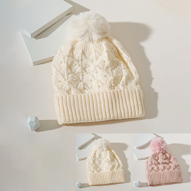 elegant beige beanie faux fur pom embellishments warm - Temu