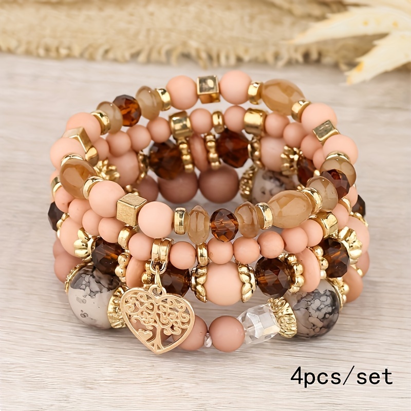 Heart Charm Beads Layered Bracelet Set Pompomia Bracelet - Temu