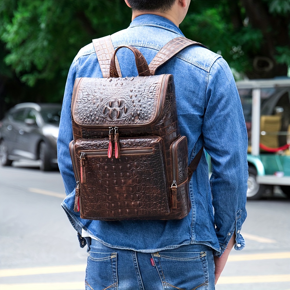 Men's Crocodile Pattern Backpack Fashion Genuine Leather Business Backpack  Laptop Backpacks, Top Layer Cowhide Travel Backpack Gift For Men Boys - Temu