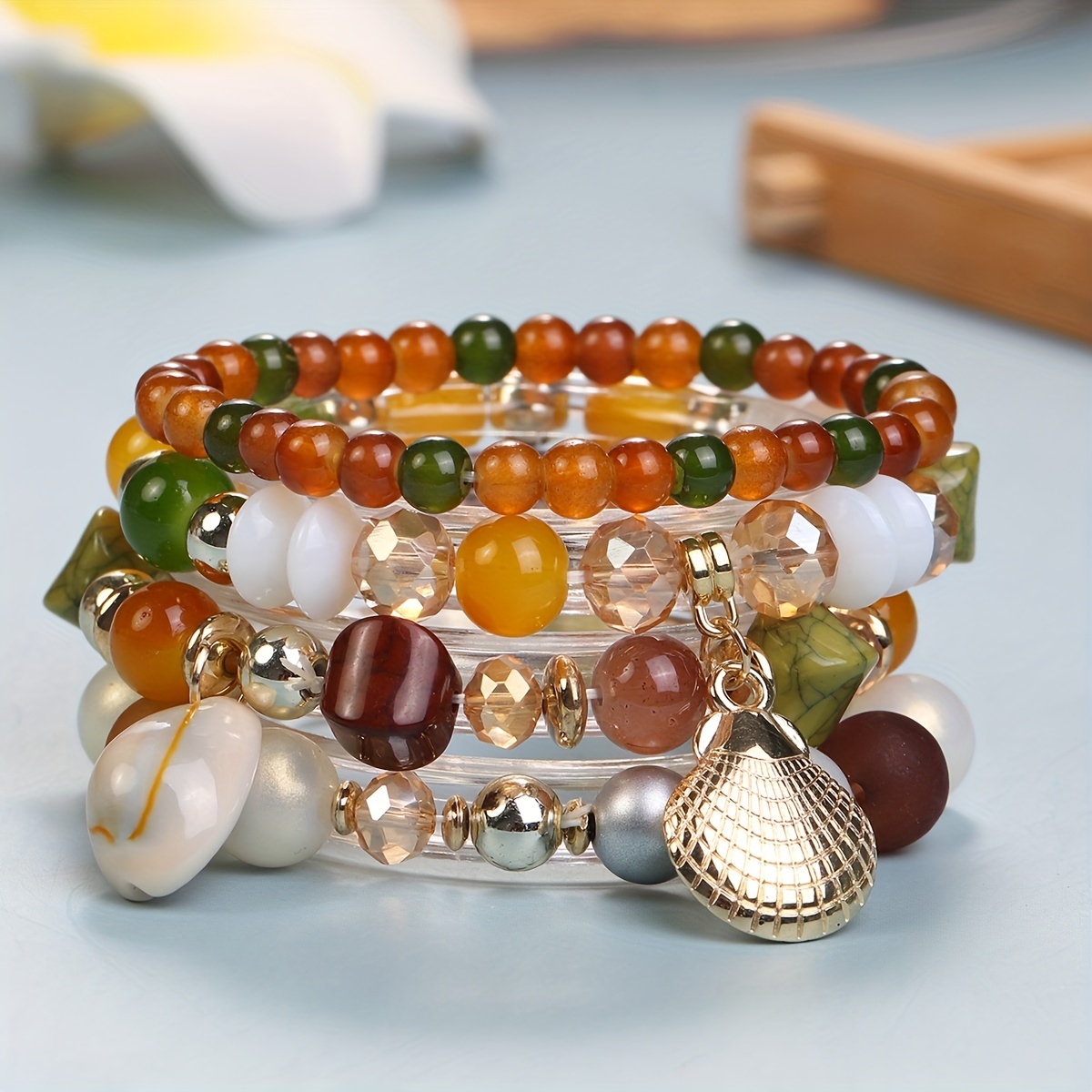 Boho Glass Hand String Shell Pendant Multicolor Jewelry Set