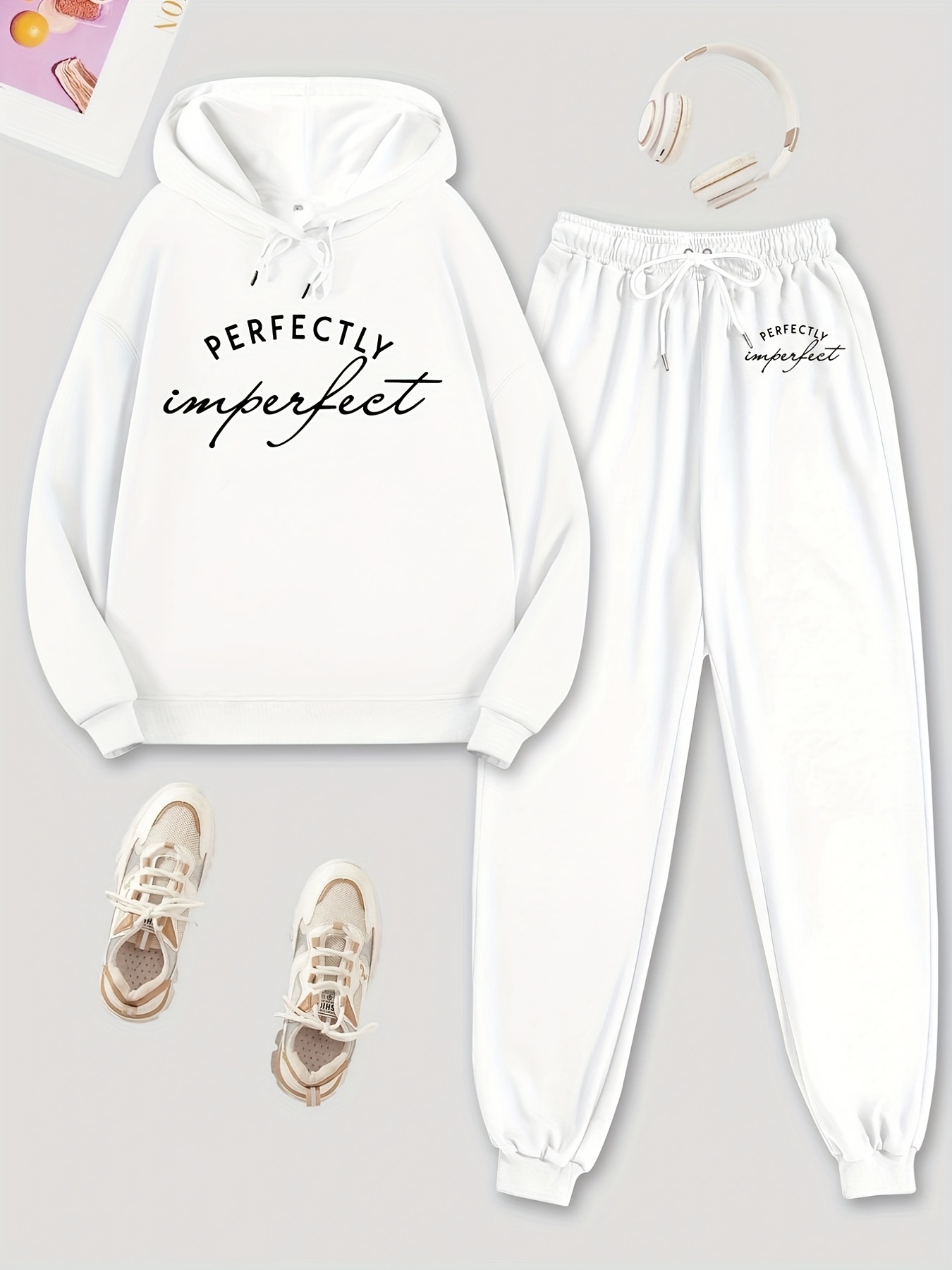 Solid Hoodie & Jogger Pants Set Drawstring Tie Waist