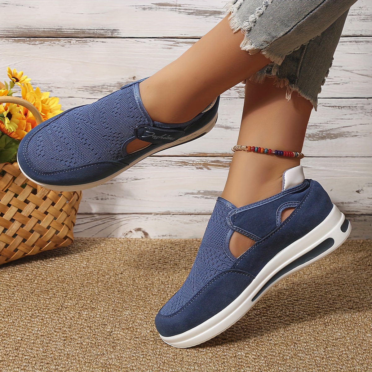 Women's Knit Platform Sneakers Hook & Loop Shoes Cutout Comfortable Outdoor