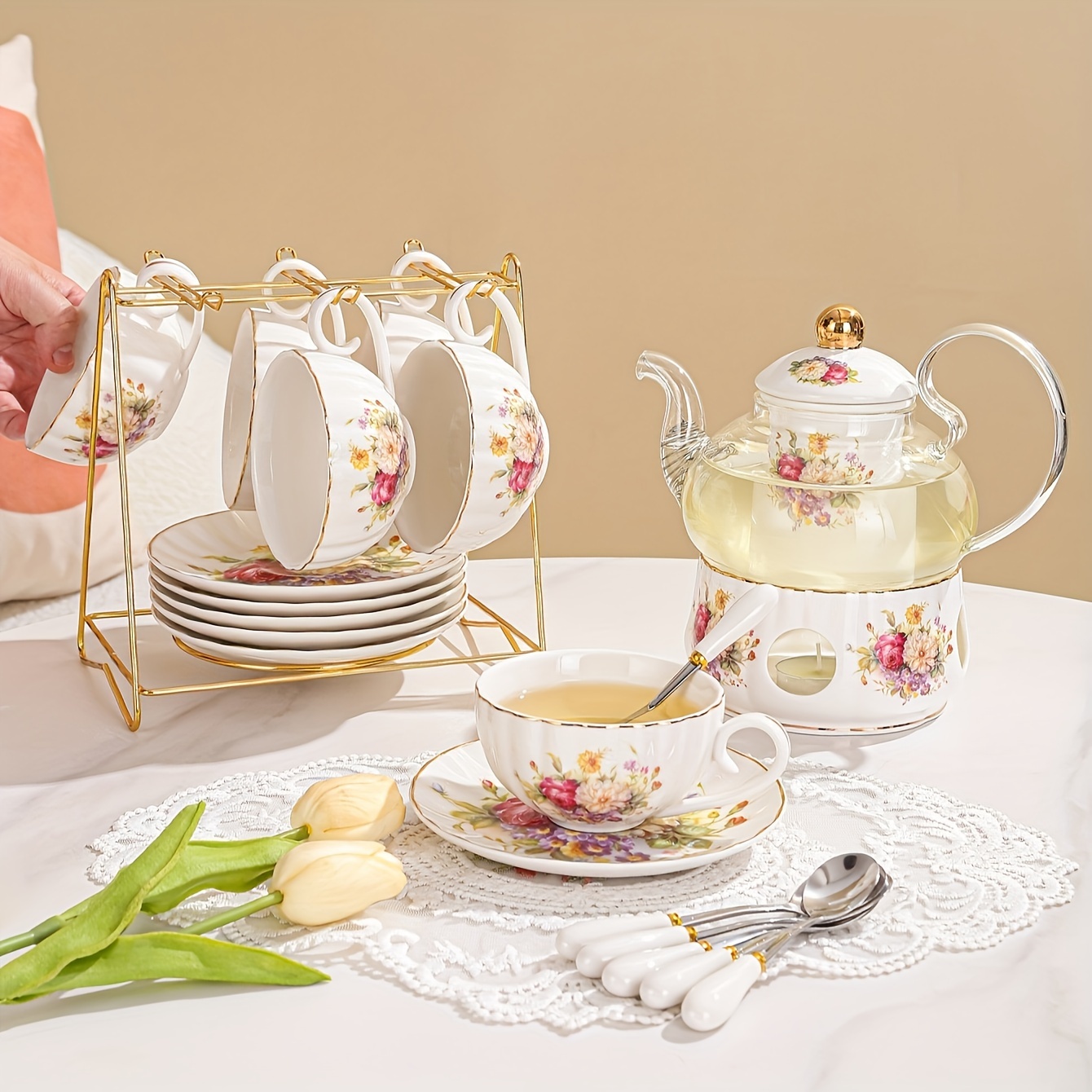 2/20pcs Ceramic Tea Set, British European Style Flower Tea Set, Fruit Tea  Pot Set, Afternoon Tea Set, Tea Coaster, Tea Spoon, Tea Cup, Tea Rack, For 