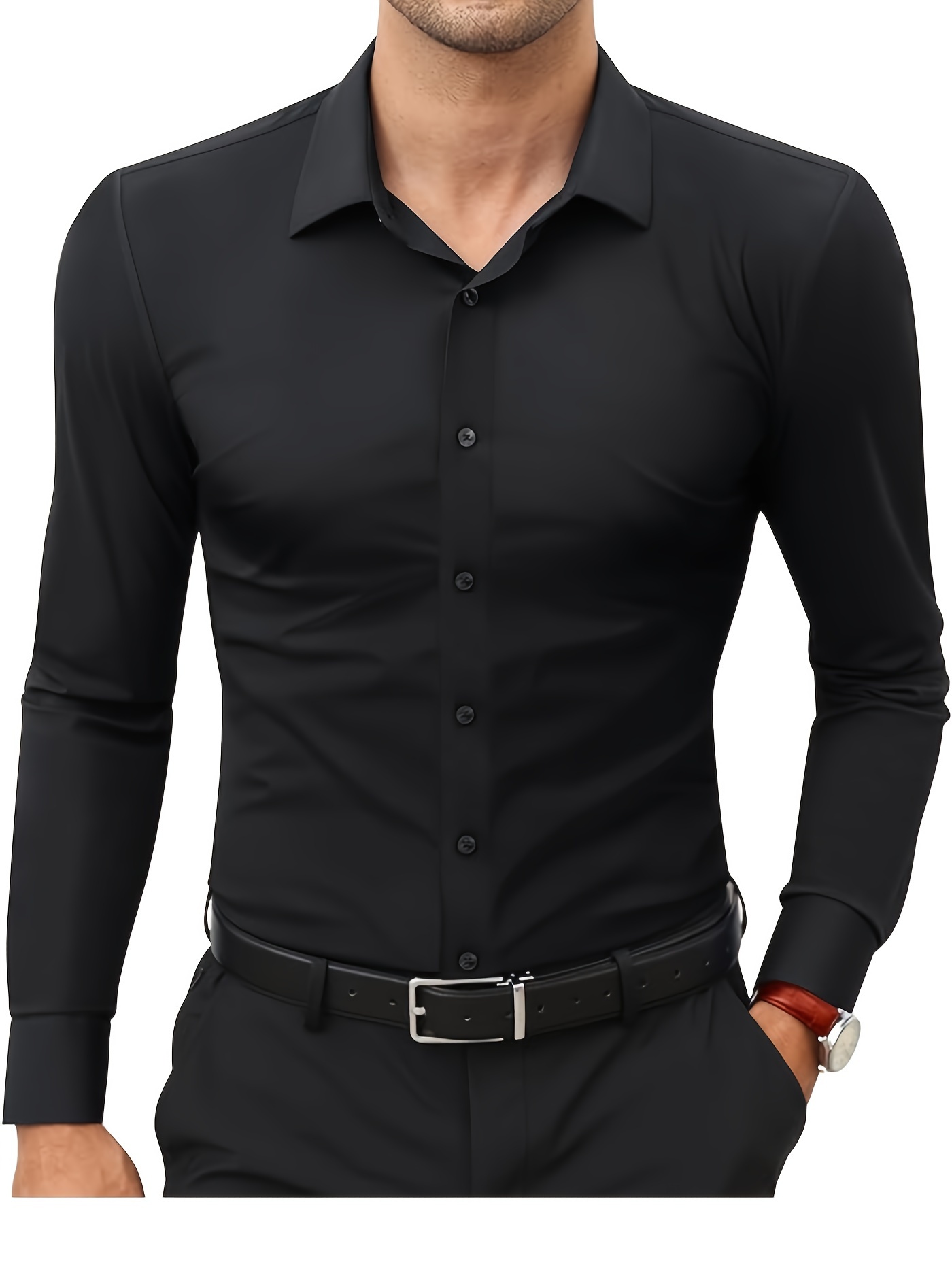 Camisas de manga larga para hombre, con botones, color sólido, de  compresión, ajustada, cuello redondo, camisetas, Multicolor, L