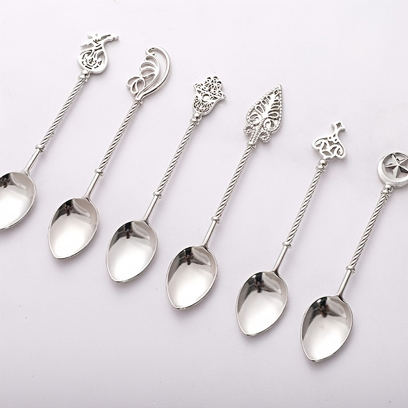 TEMU 6ccs/ Set Vintage Dessert Spoon, Coffee Spoon, Mixing Spoon Vintage Carved Spoon, Suitable For Weddings, Dining, And Party Events