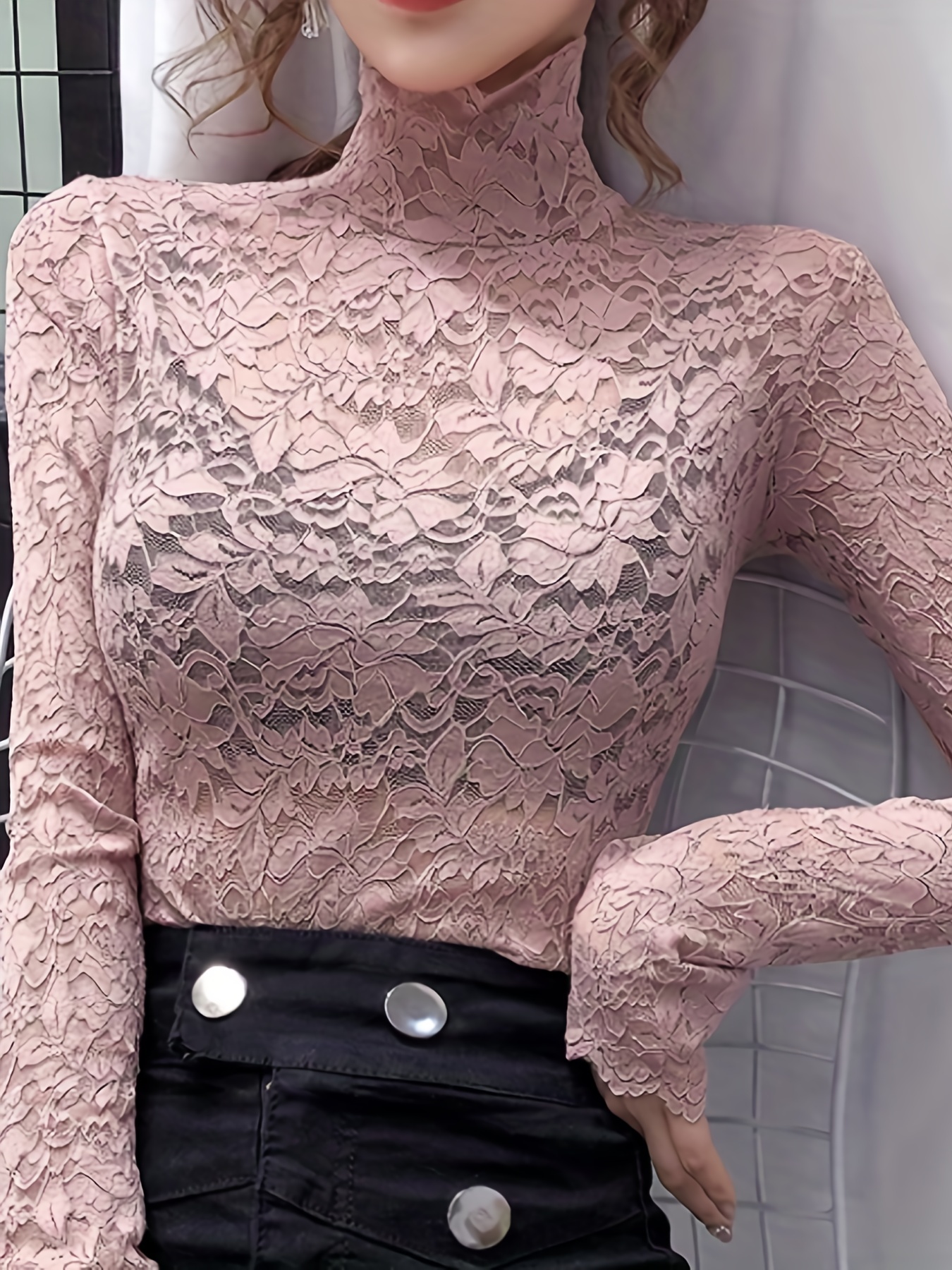 Lace Mock Neck Slim Top Sexy Long Sleeve Top Spring Fall - Temu Canada