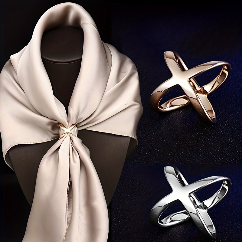 Women's Elegant X Shape Silk Scarf Clip Ring Scarves Buckle Holder for  Wedding Party (Silver)