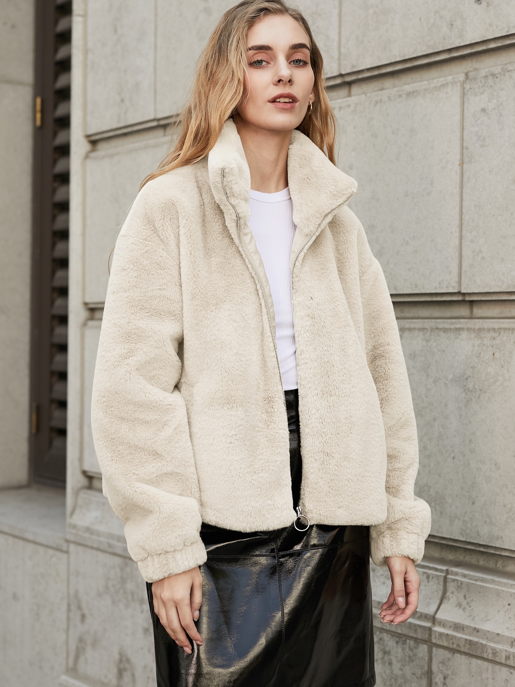 Cream faux fur discount coat with hood