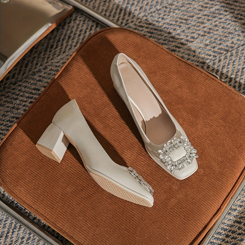 Rhinestone Chunky Heel Pumps Comfortable Slip-On Shoes for Women
