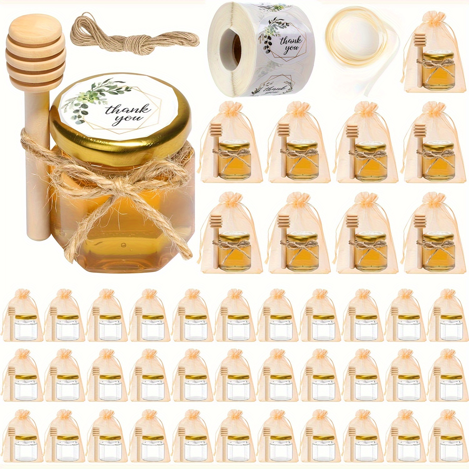 

20sets, Mini Honey Jar With Beidou, Small Honey Glass Jar With Golden Lid, Loose Small Hexagonal Honey Jar For Bridal Shower, Wedding And Party Gifts, Accompanied By Hand Gifts